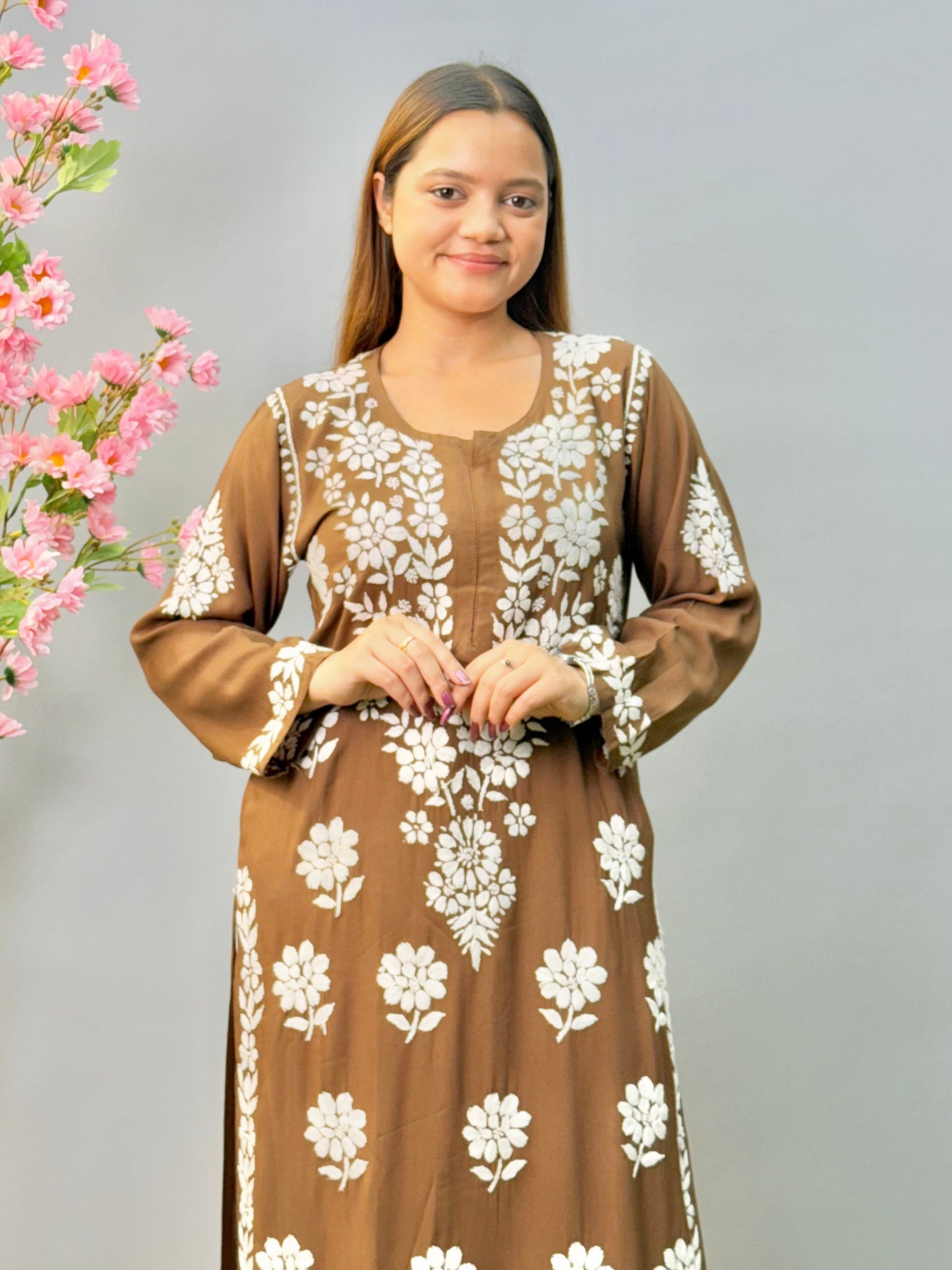 Chocolate brown modal fabric Lucknow chikankari kurta with white floral embroidery