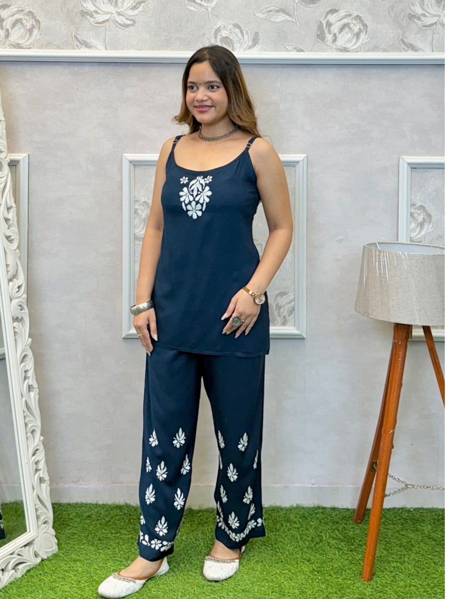 Navy blue Lucknowi Chikankari rayon 3-piece set with sleeveless kurta, pants, and embroidered shrug