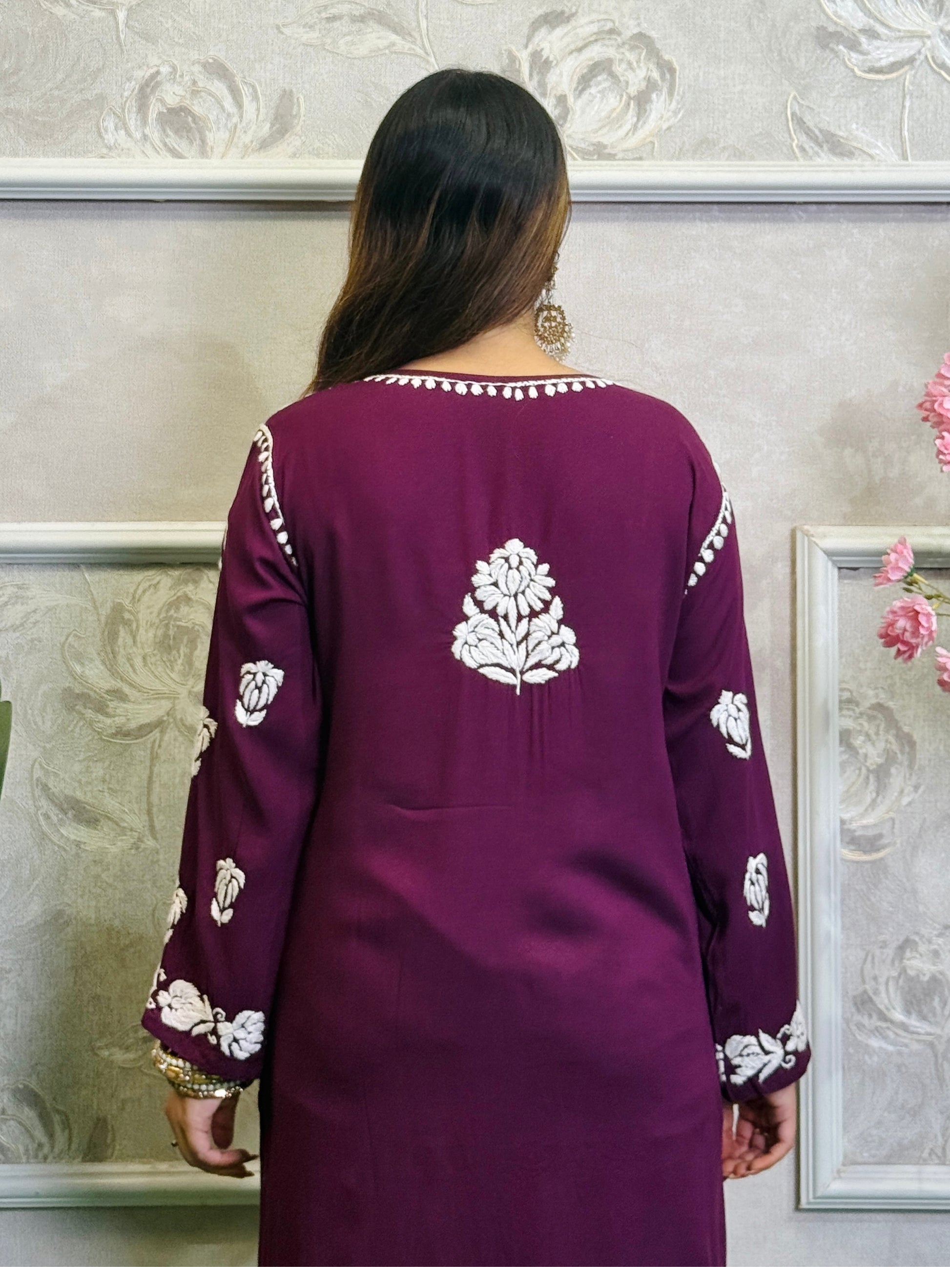 Wine color modal fabric Lucknow Chikankari hand-embroidered long kurta for women