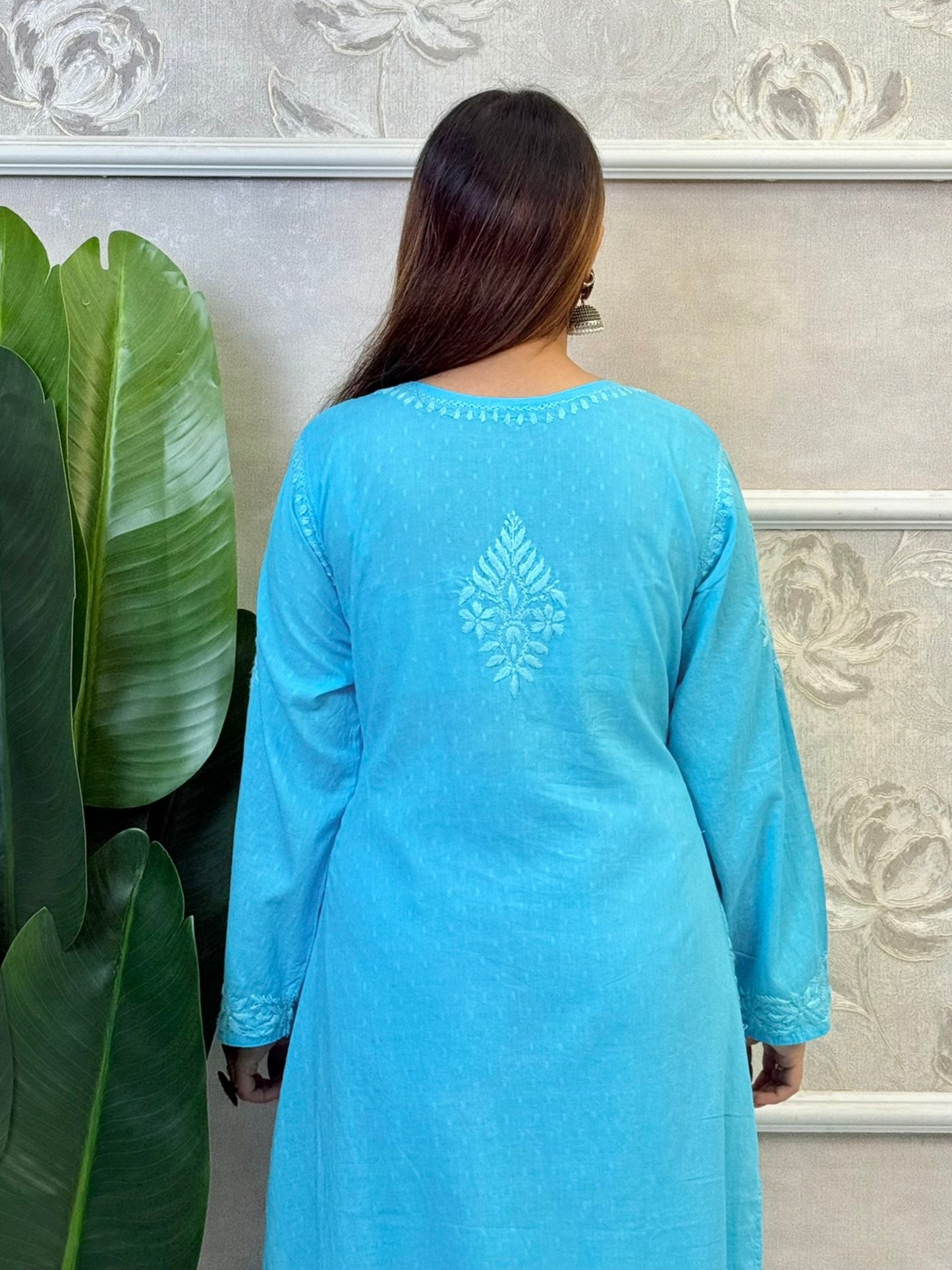 Sky blue dobby cotton kurta and palazzo set with tone-on-tone hand-embroidered Lucknowi Chikankari – soft and breathable ethnic wear