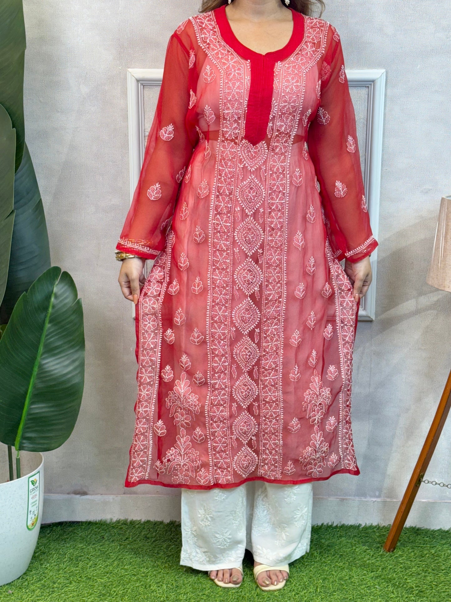 Red transparent georgette Lucknow chikankari kurta with hand embroidery – casual wear.