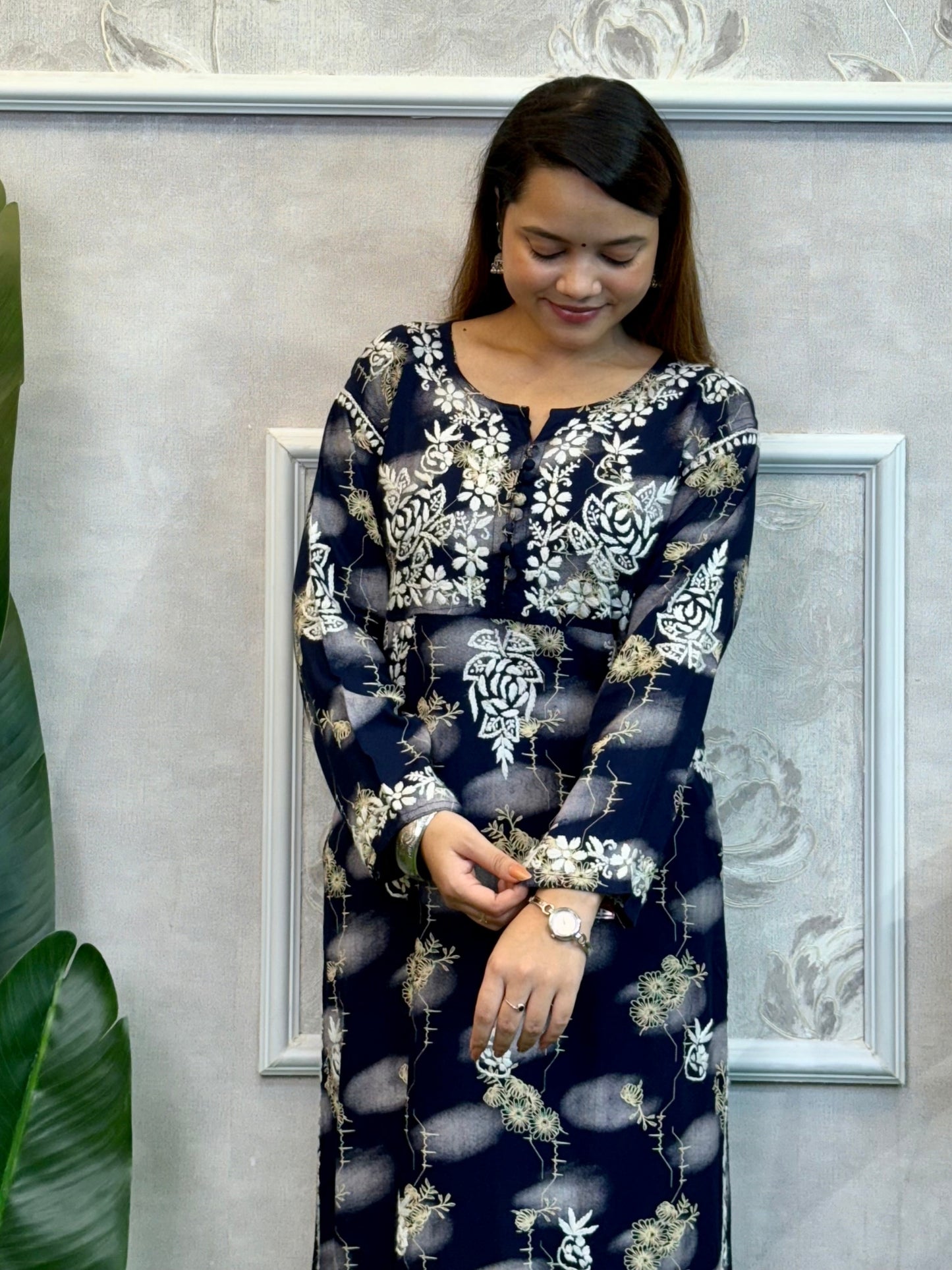 Lucknow Chikankari printed navy blue rayon kurta with hand embroidery – soft and comfortable ethnic wear.