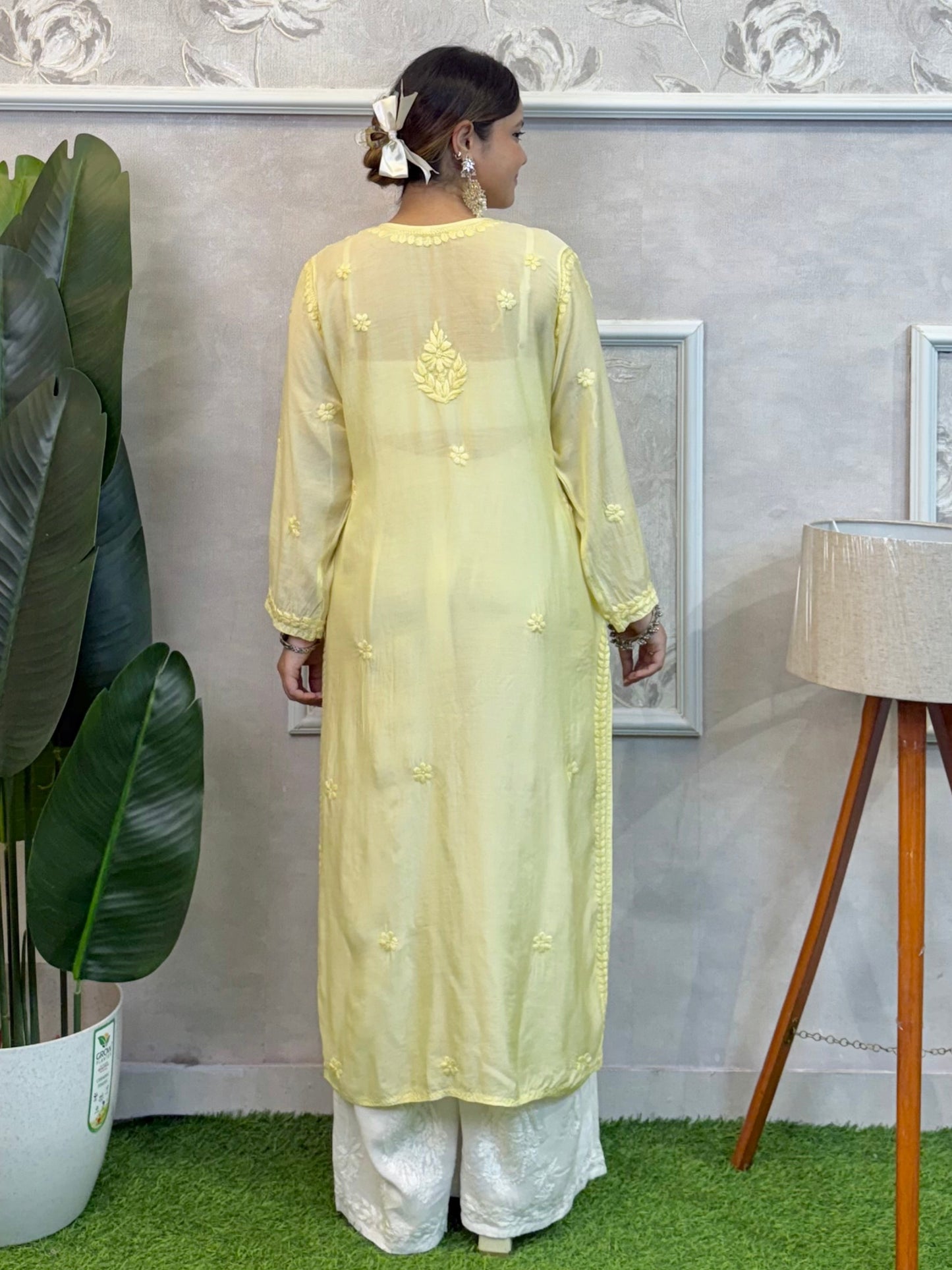 Lucknow Chikankari Yellow Muslin Kurta – Hand Embroidered Premium Wear