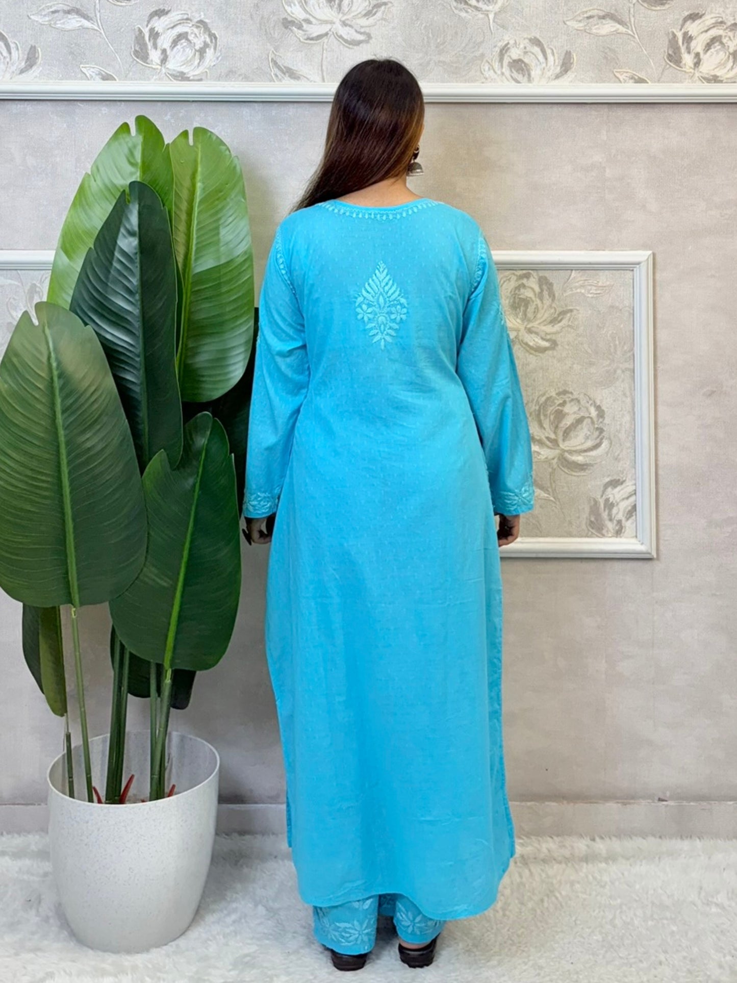 Sky blue dobby cotton kurta and palazzo set with tone-on-tone hand-embroidered Lucknowi Chikankari – soft and breathable ethnic wear
