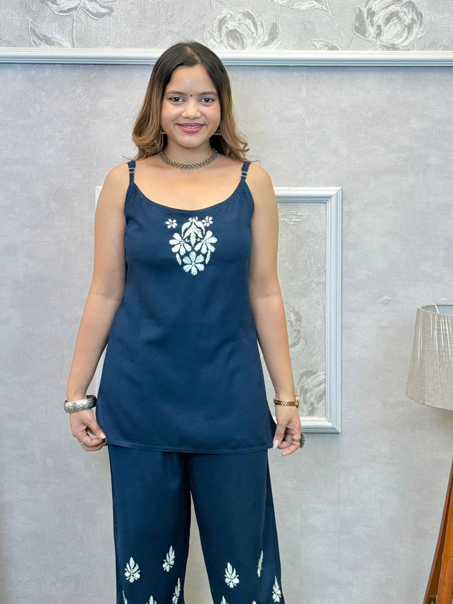 Navy blue Lucknowi Chikankari rayon 3-piece set with sleeveless kurta, pants, and embroidered shrug
