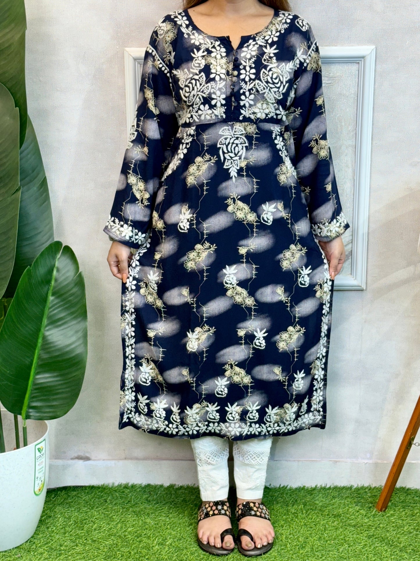 Lucknow Chikankari printed navy blue rayon kurta with hand embroidery – soft and comfortable ethnic wear.
