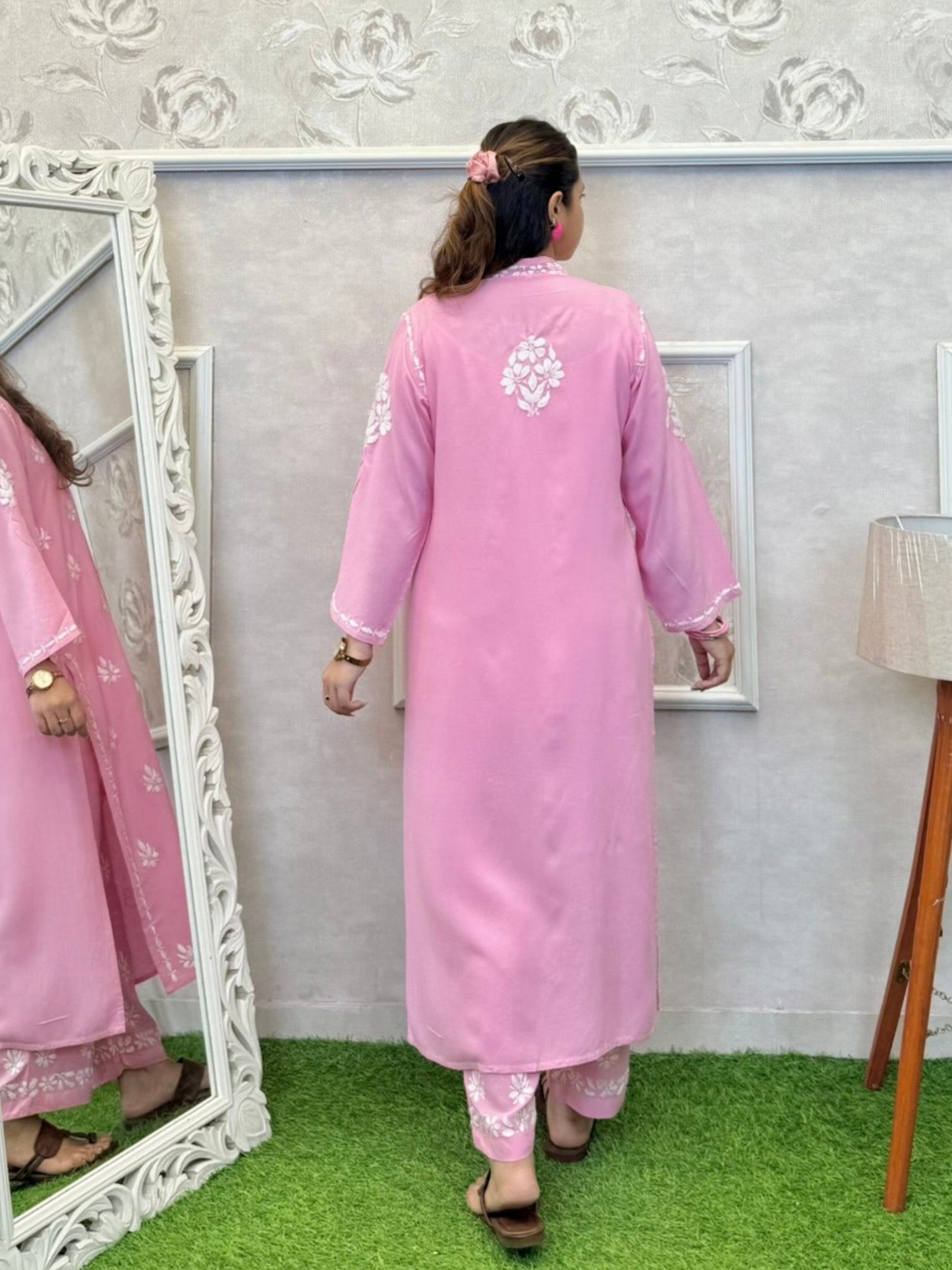 Baby pink Lucknowi Chikankari rayon 3-piece set with sleeveless kurta, pants, and embroidered shrug