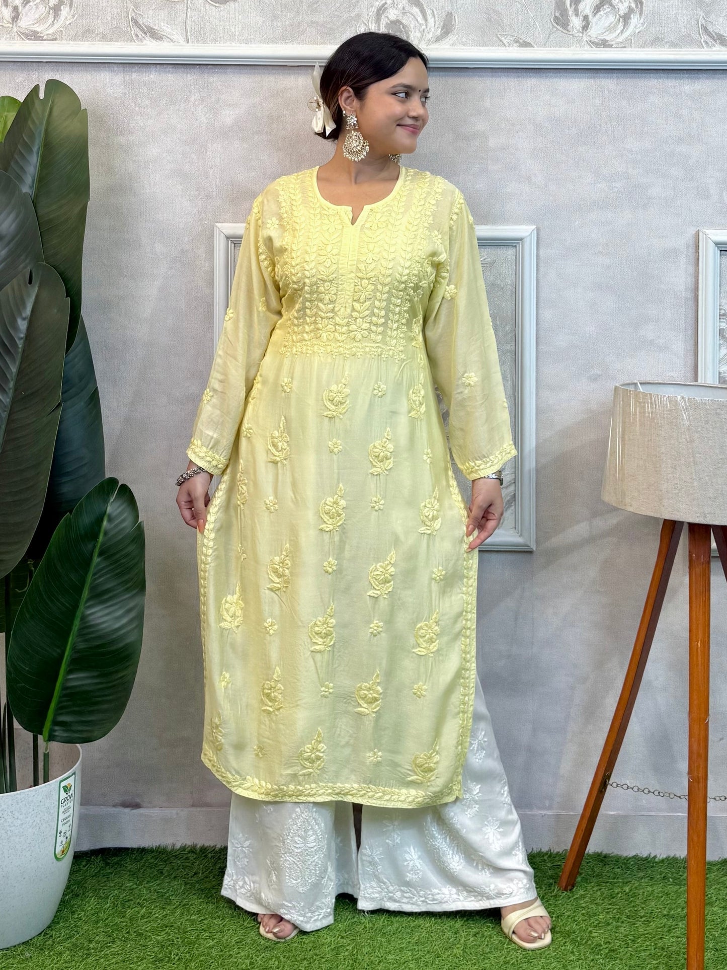 Lucknow Chikankari Yellow Muslin Kurta – Hand Embroidered Premium Wear