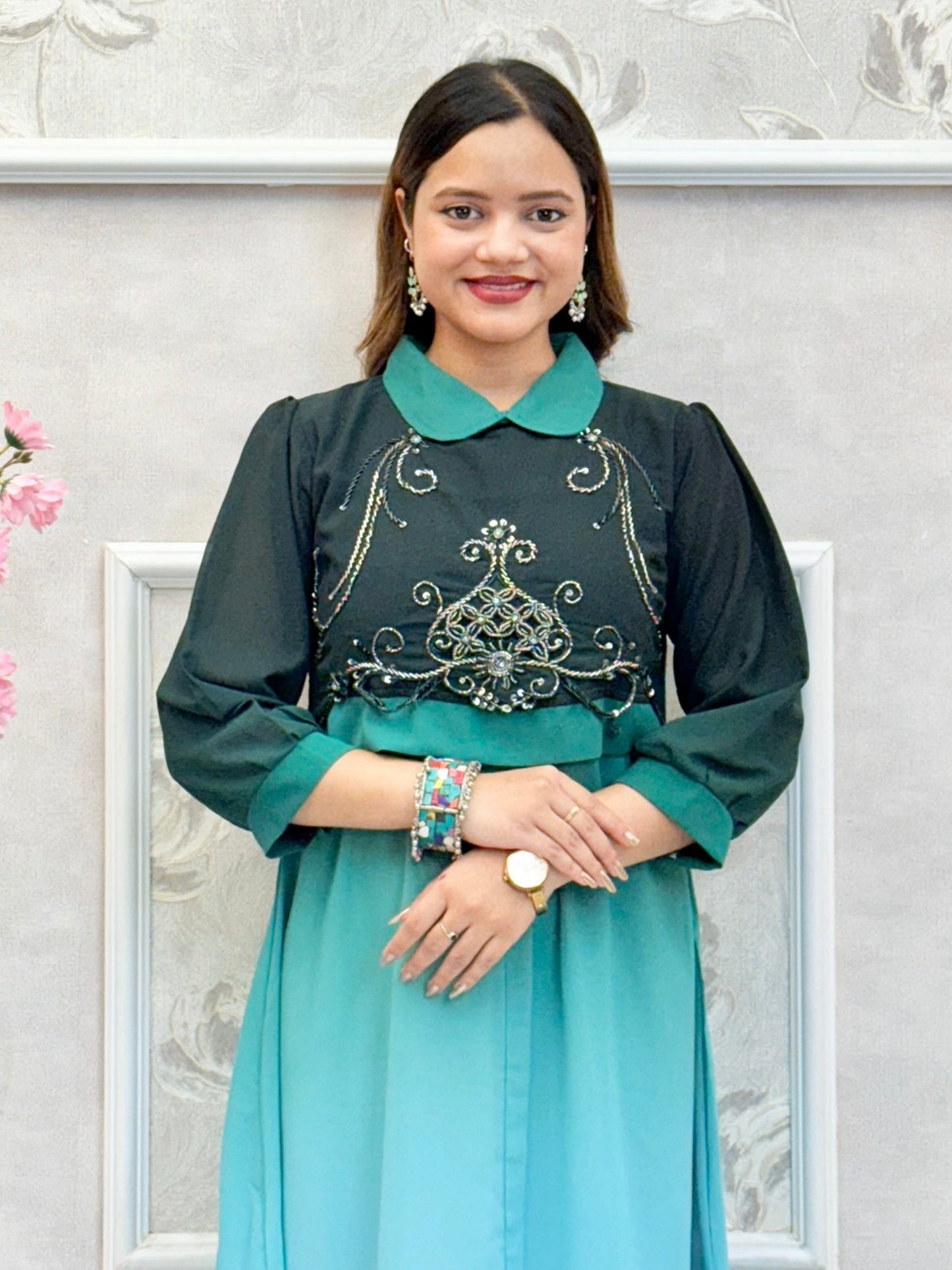 Teal ombre Indo-Western georgette knee-length dress with handwork and collar neck