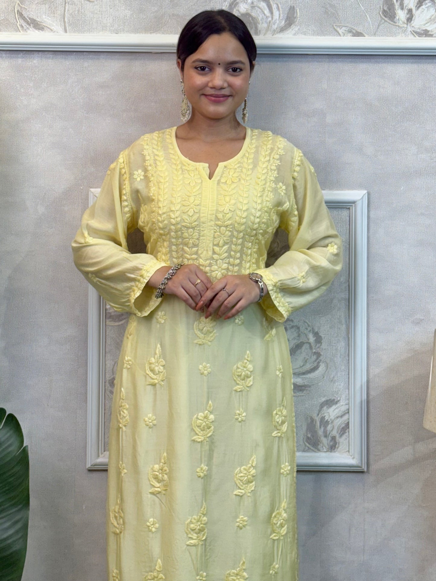 Lucknow Chikankari Yellow Muslin Kurta – Hand Embroidered Premium Wear