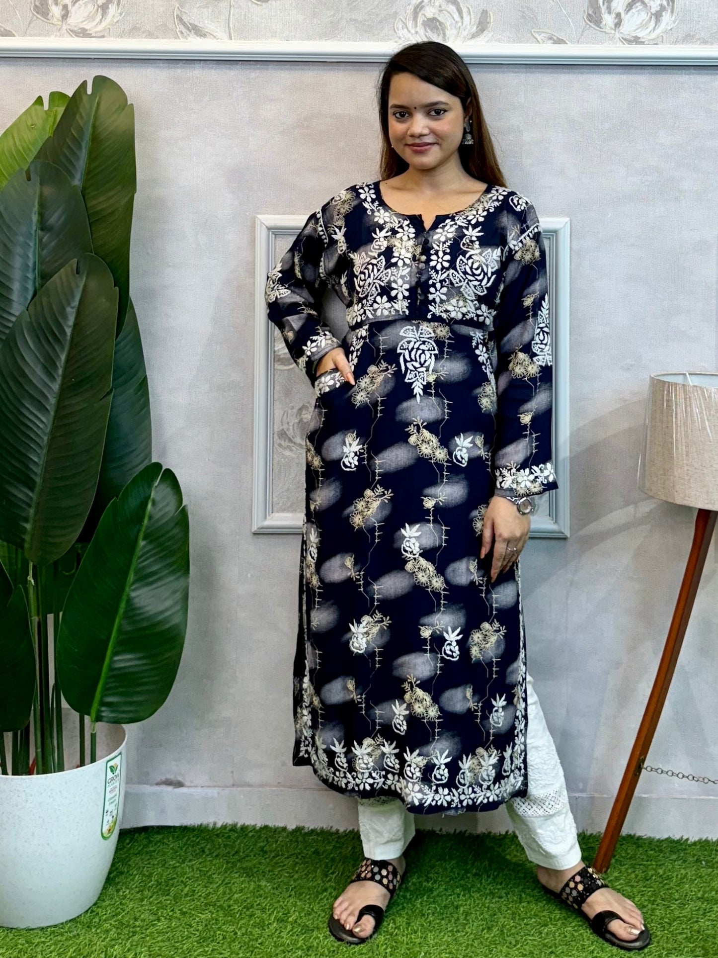Lucknow Chikankari printed navy blue rayon kurta with hand embroidery – soft and comfortable ethnic wear.