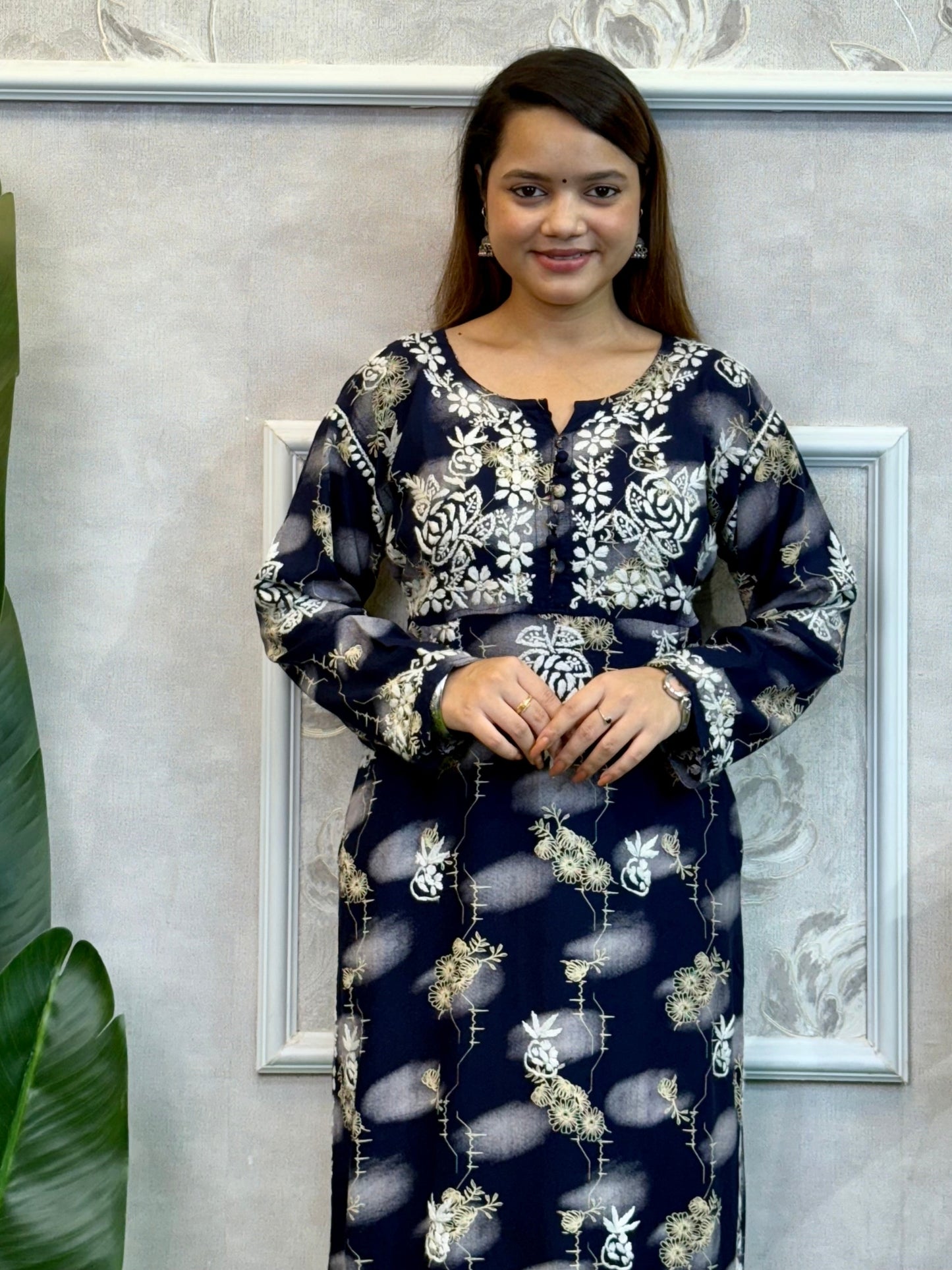 Lucknow Chikankari printed navy blue rayon kurta with hand embroidery – soft and comfortable ethnic wear.