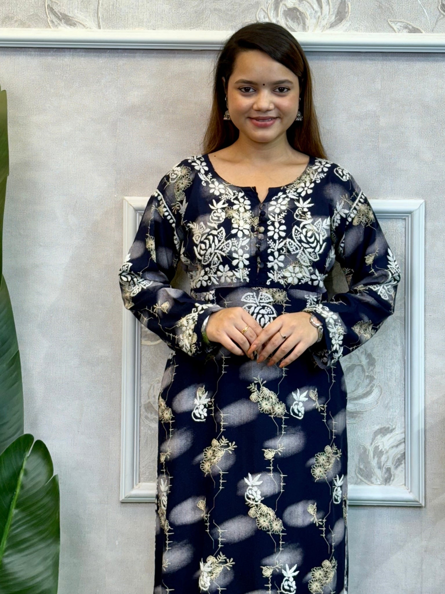 Lucknow Chikankari printed navy blue rayon kurta with hand embroidery – soft and comfortable ethnic wear.