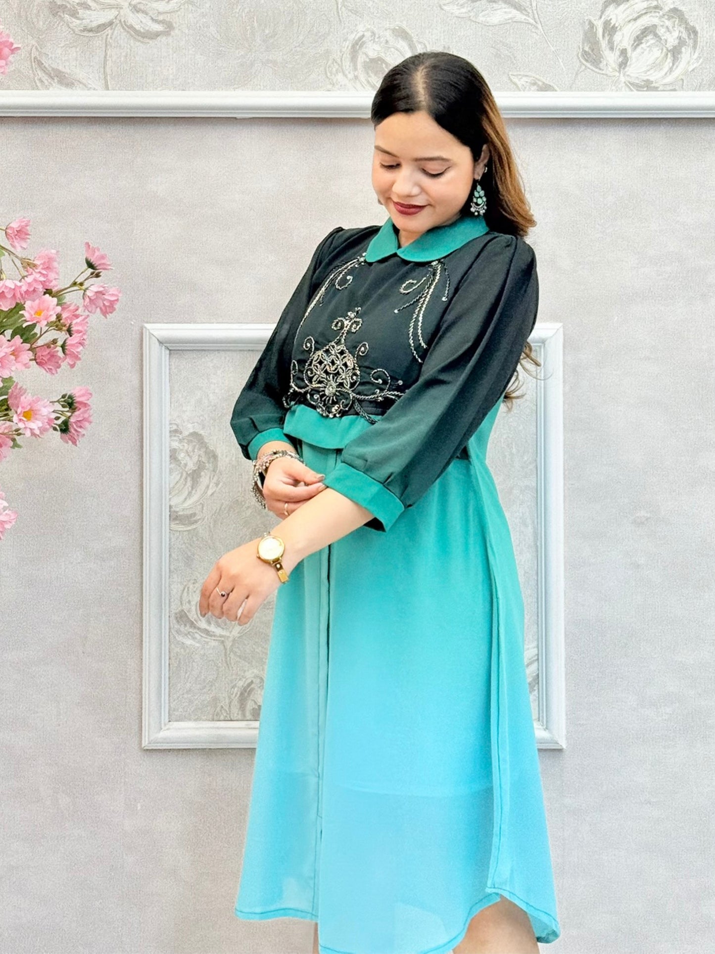 Teal ombre Indo-Western georgette knee-length dress with handwork and collar neck