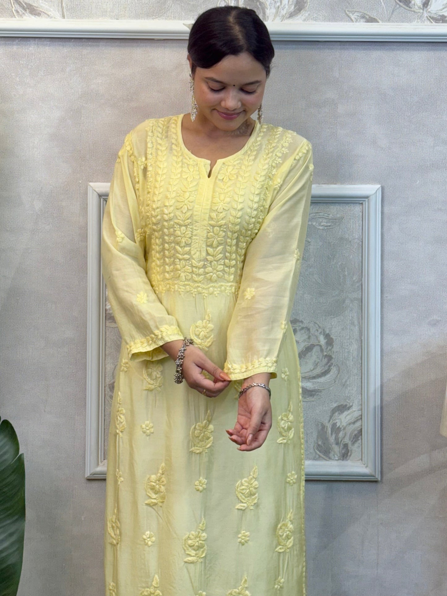 Lucknow Chikankari Yellow Muslin Kurta – Hand Embroidered Premium Wear