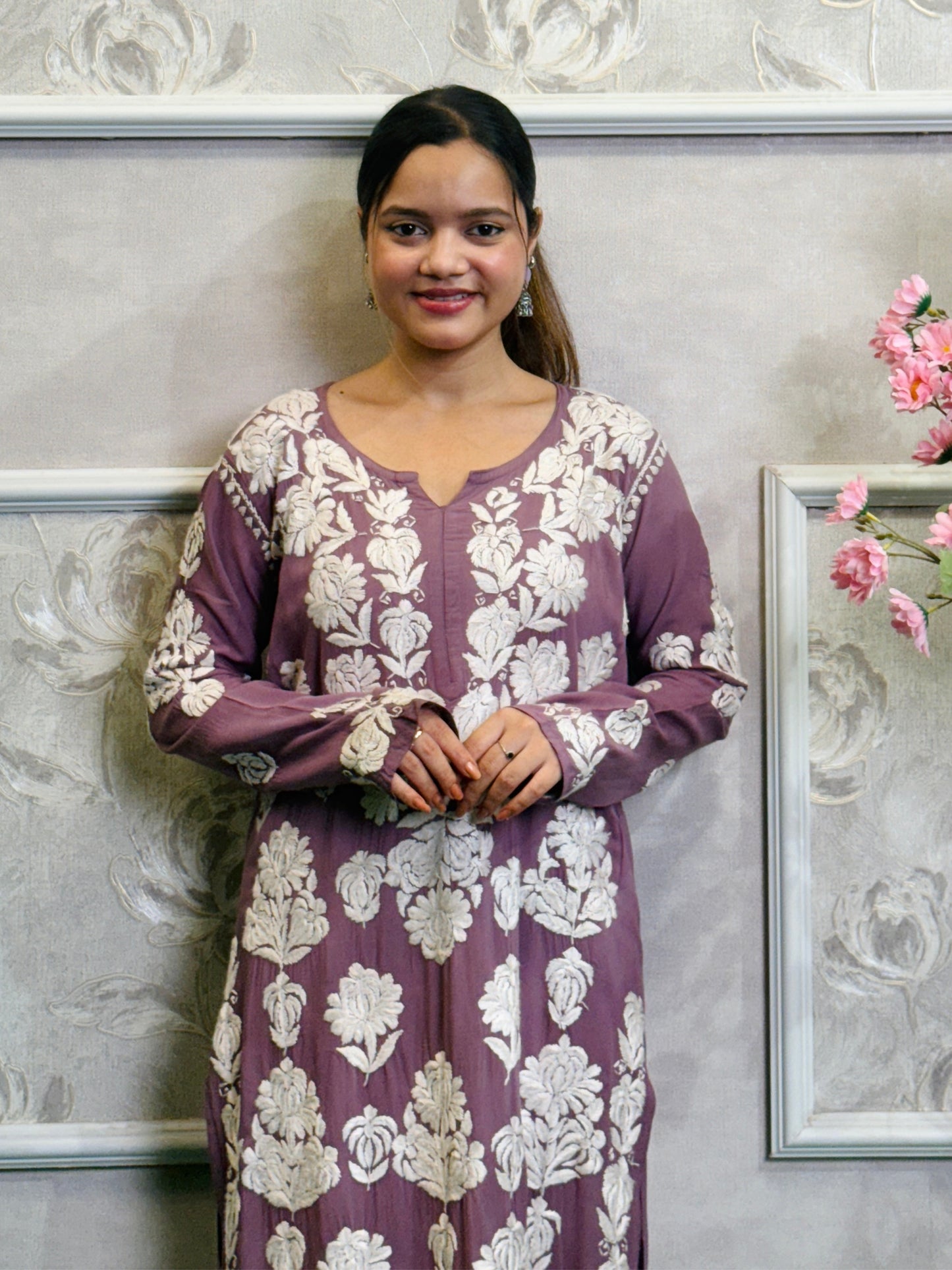 Mauve Lucknow Chikankari hand embroidered modal kurta – premium soft fabric