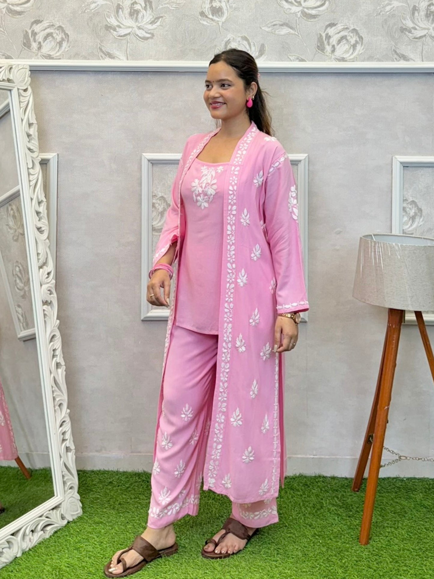 Baby pink Lucknowi Chikankari rayon 3-piece set with sleeveless kurta, pants, and embroidered shrug