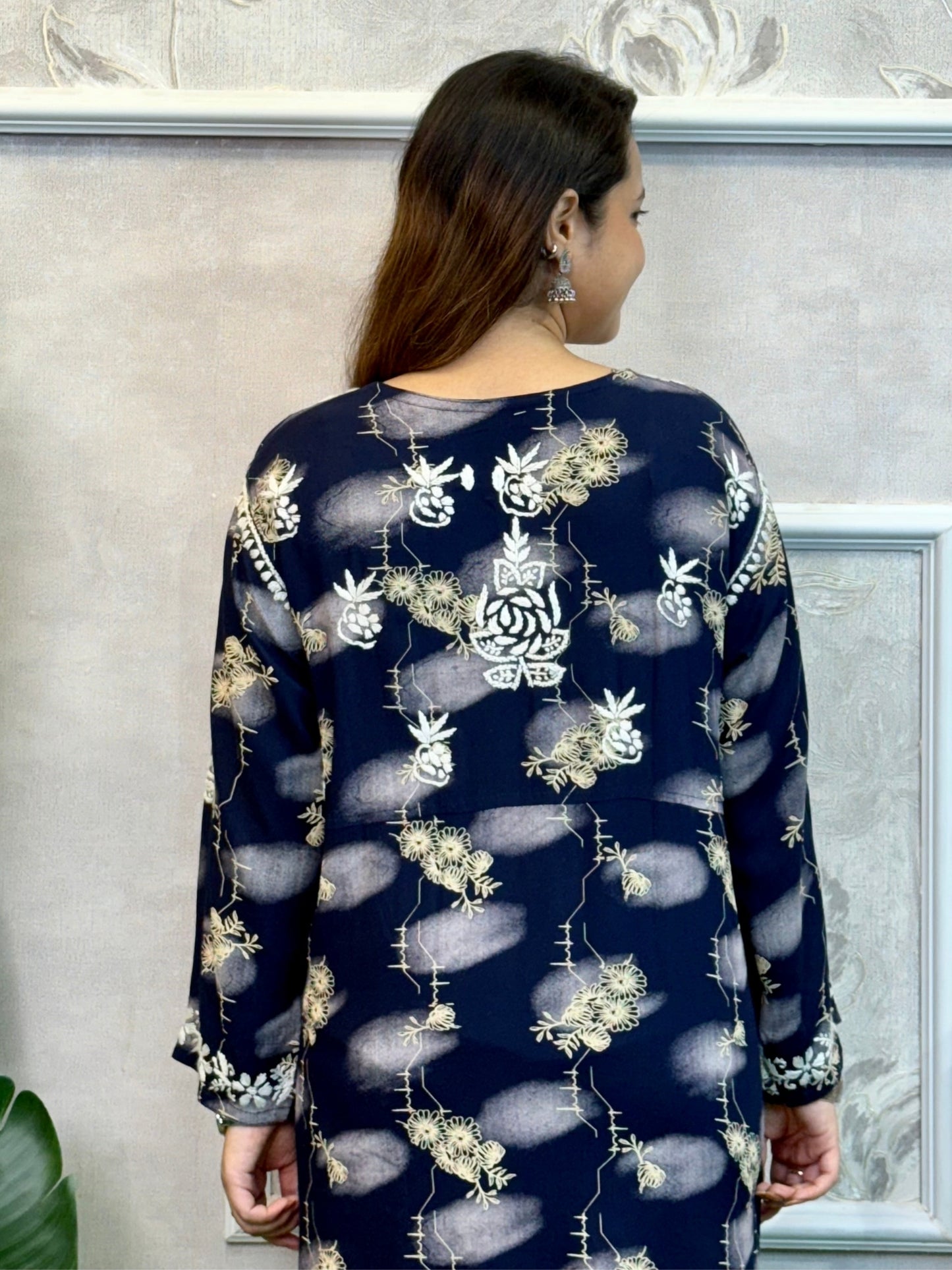 Lucknow Chikankari printed navy blue rayon kurta with hand embroidery – soft and comfortable ethnic wear.