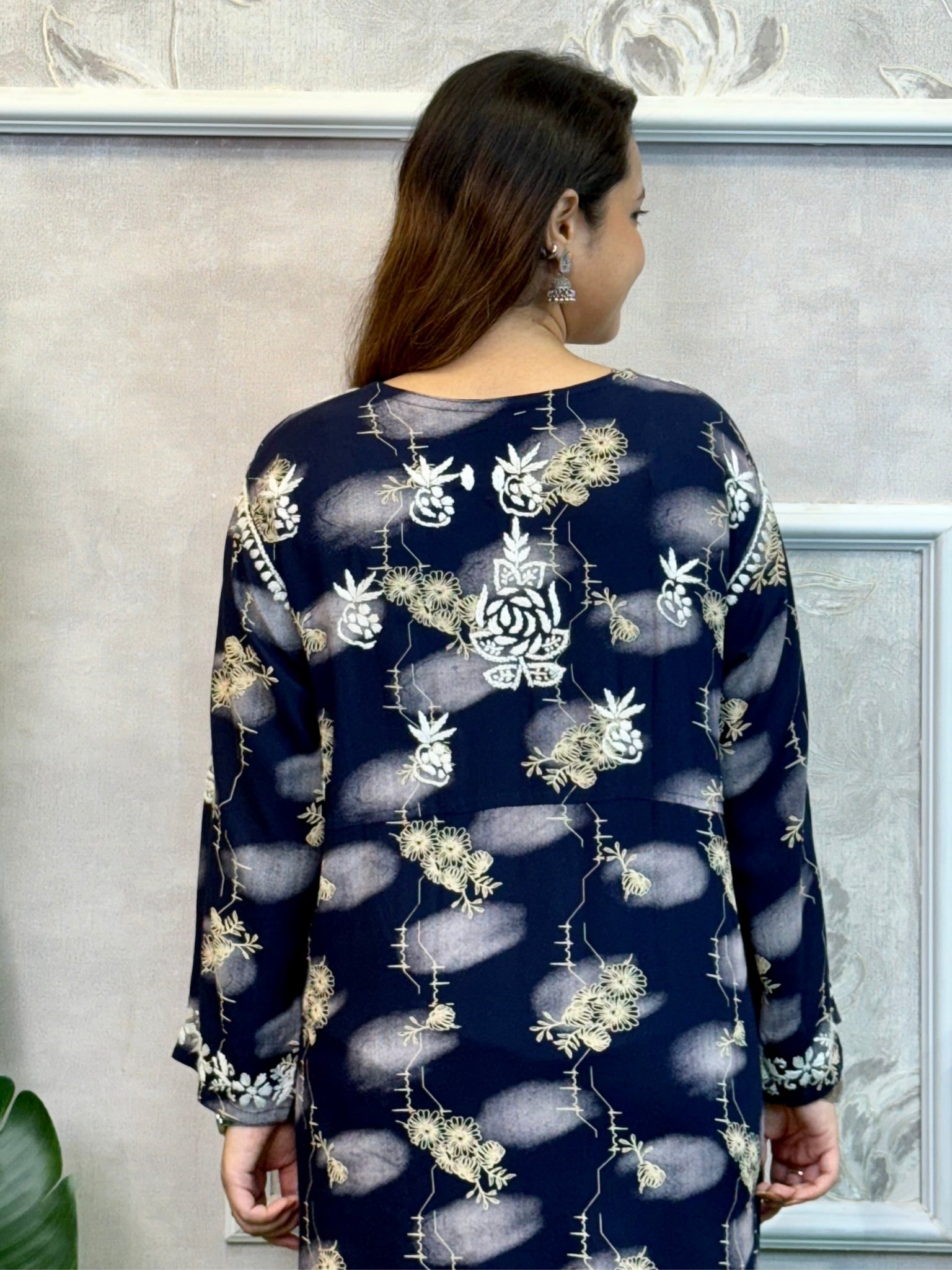 Lucknow Chikankari printed navy blue rayon kurta with hand embroidery – soft and comfortable ethnic wear.