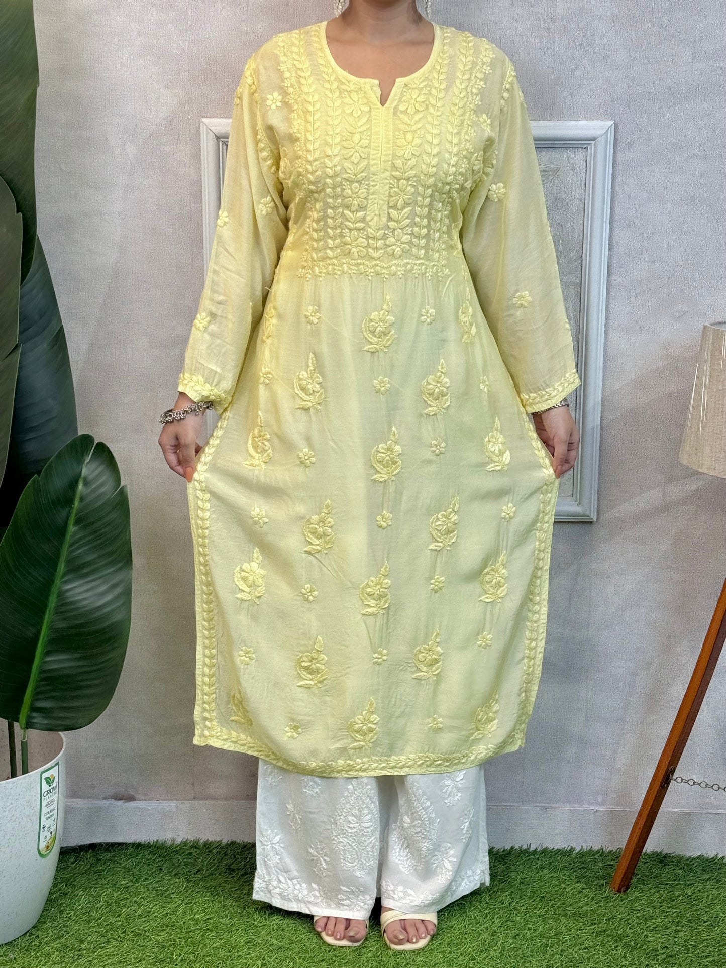 Lucknow Chikankari Yellow Muslin Kurta – Hand Embroidered Premium Wear