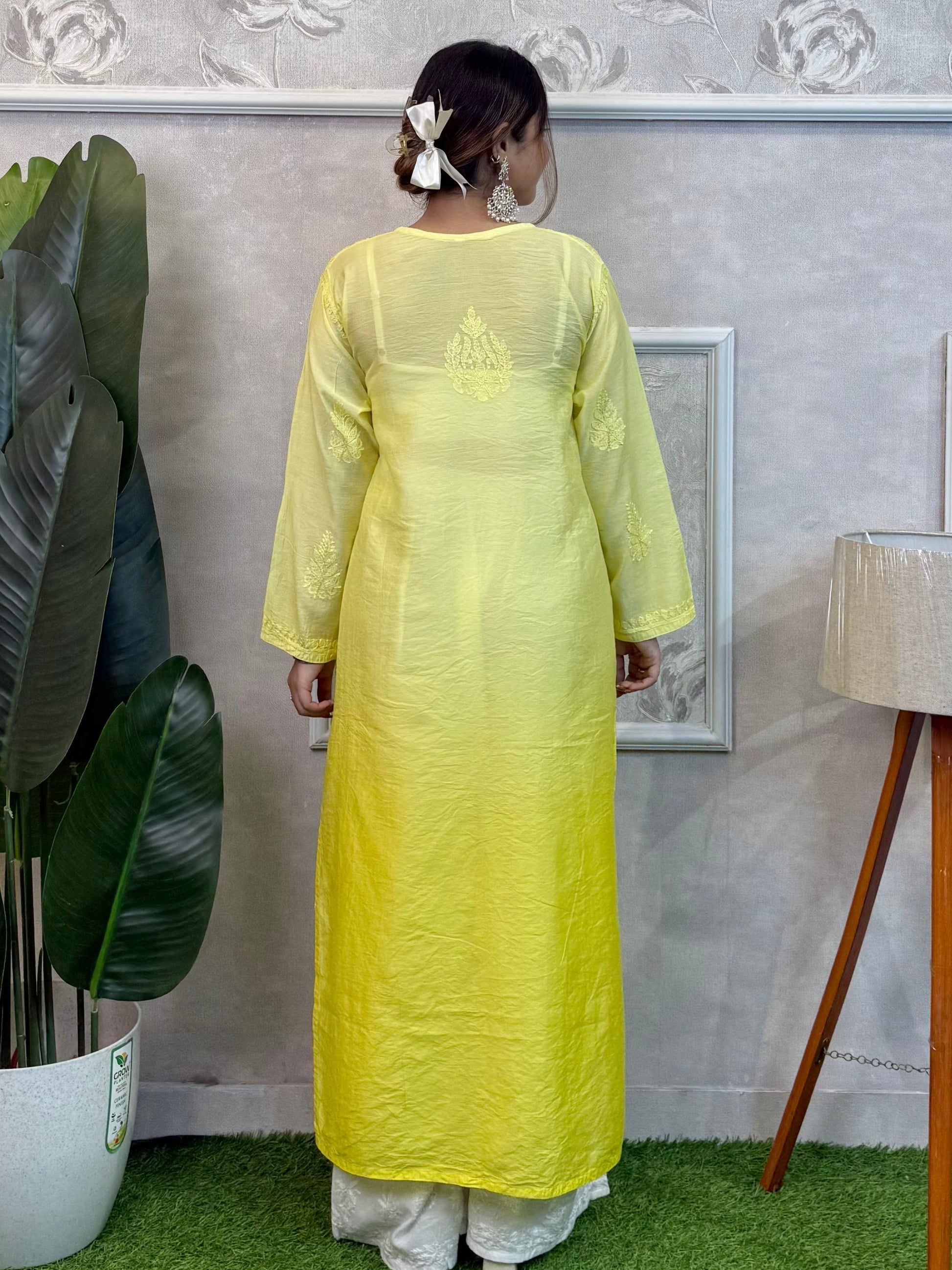 Yellow Lucknow Chikankari Chanderi Kurta with hand embroidery – premium festive wear.