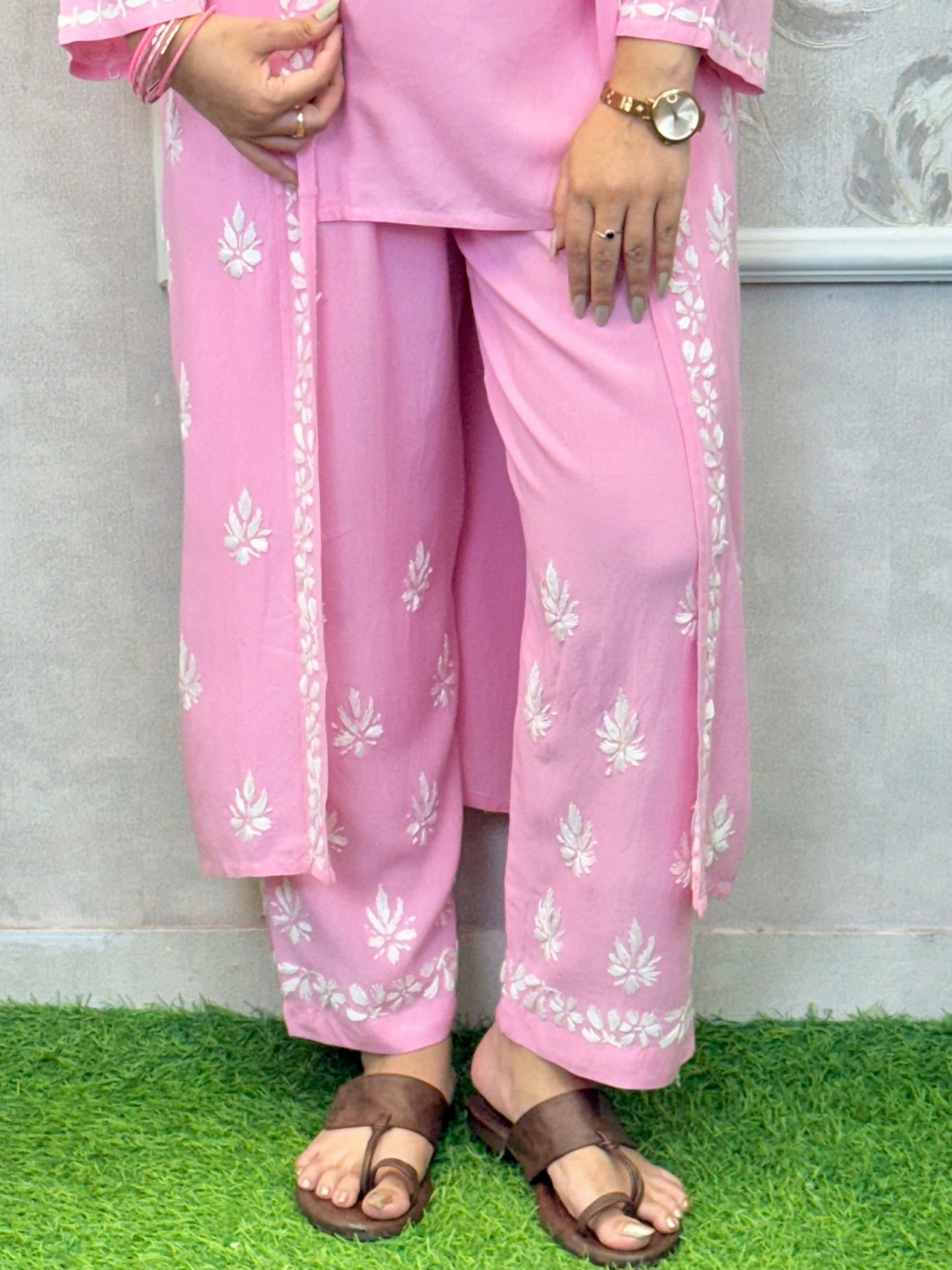 Baby pink Lucknowi Chikankari rayon 3-piece set with sleeveless kurta, pants, and embroidered shrug