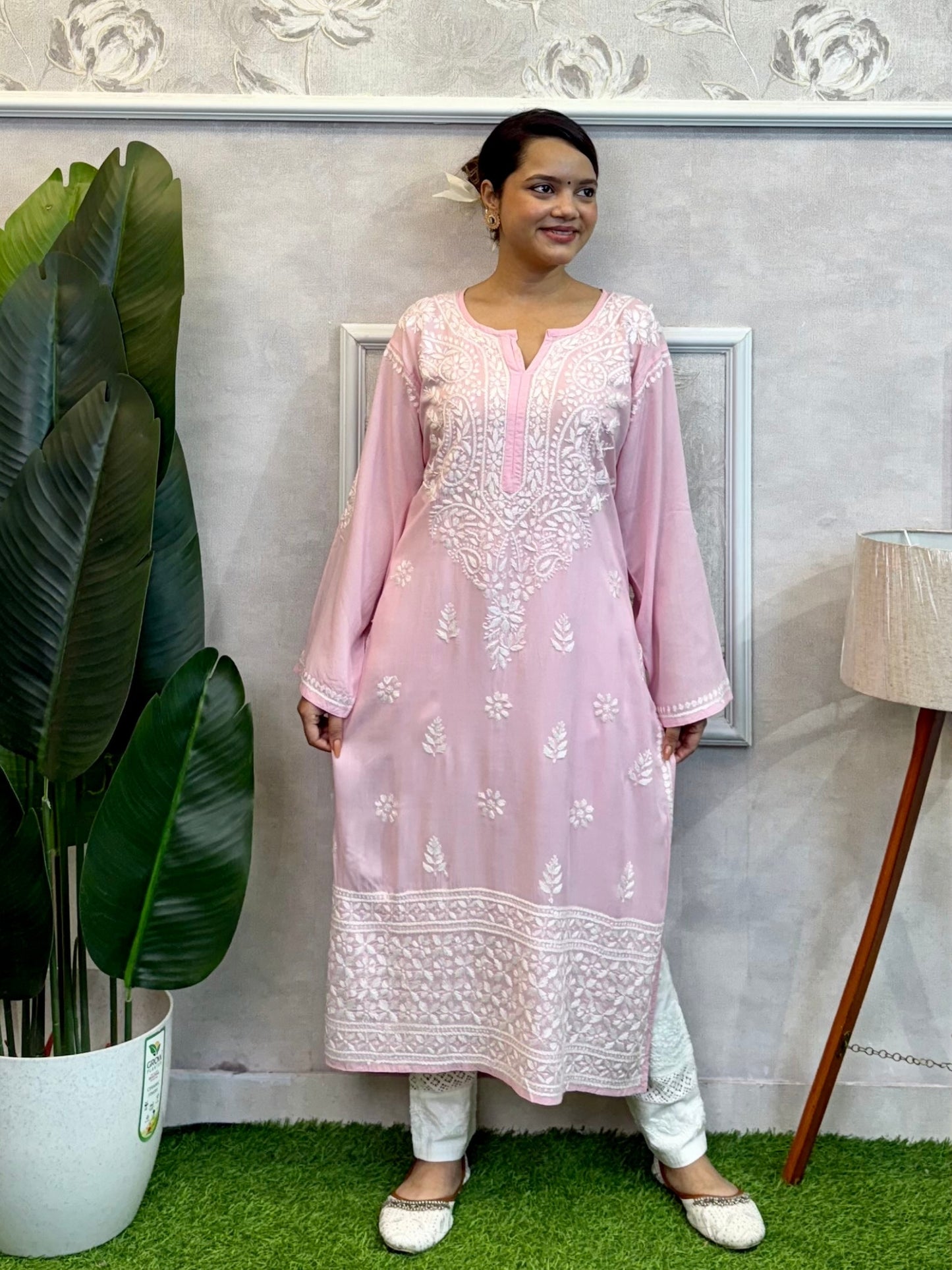 Baby Pink Lucknow Chikankari Modal Kurta with hand embroidery – premium and soft fabric