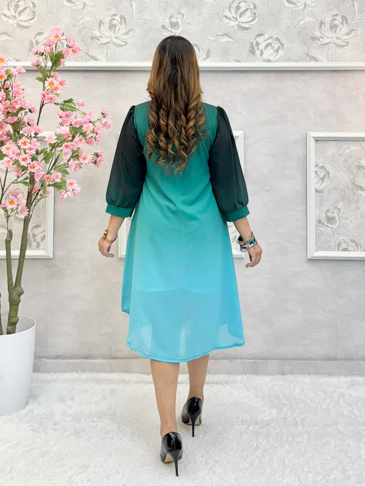 Teal ombre Indo-Western georgette knee-length dress with handwork and collar neck