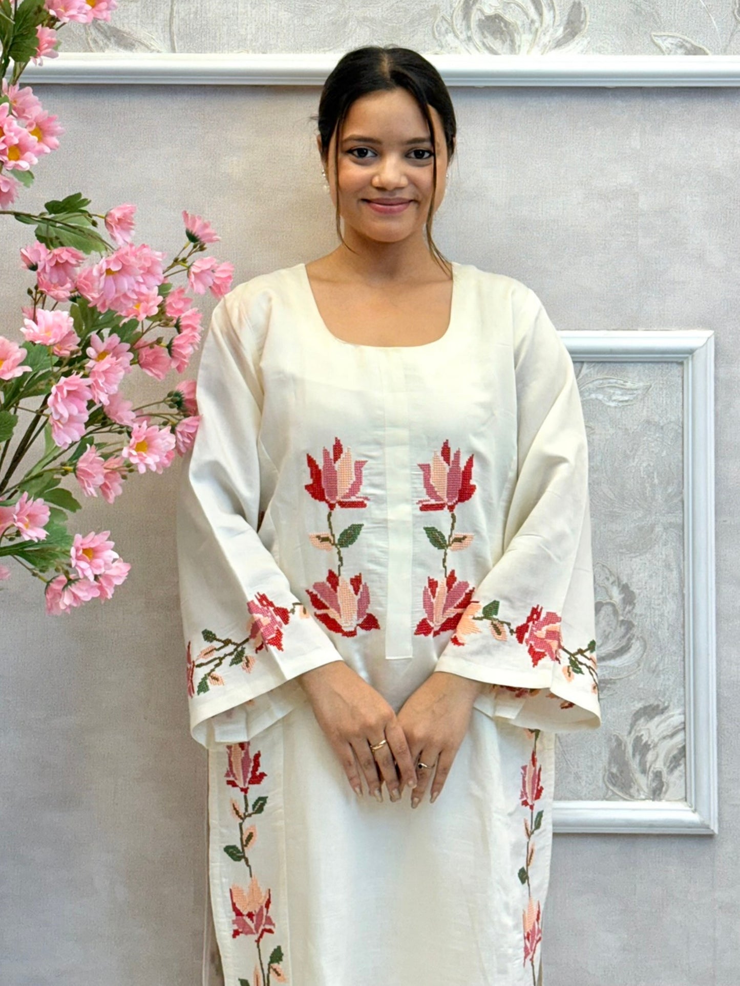 Off-white muslin kurta set with floral hand embroidery, striped pant, and chanderi dupatta – premium ethnic wear