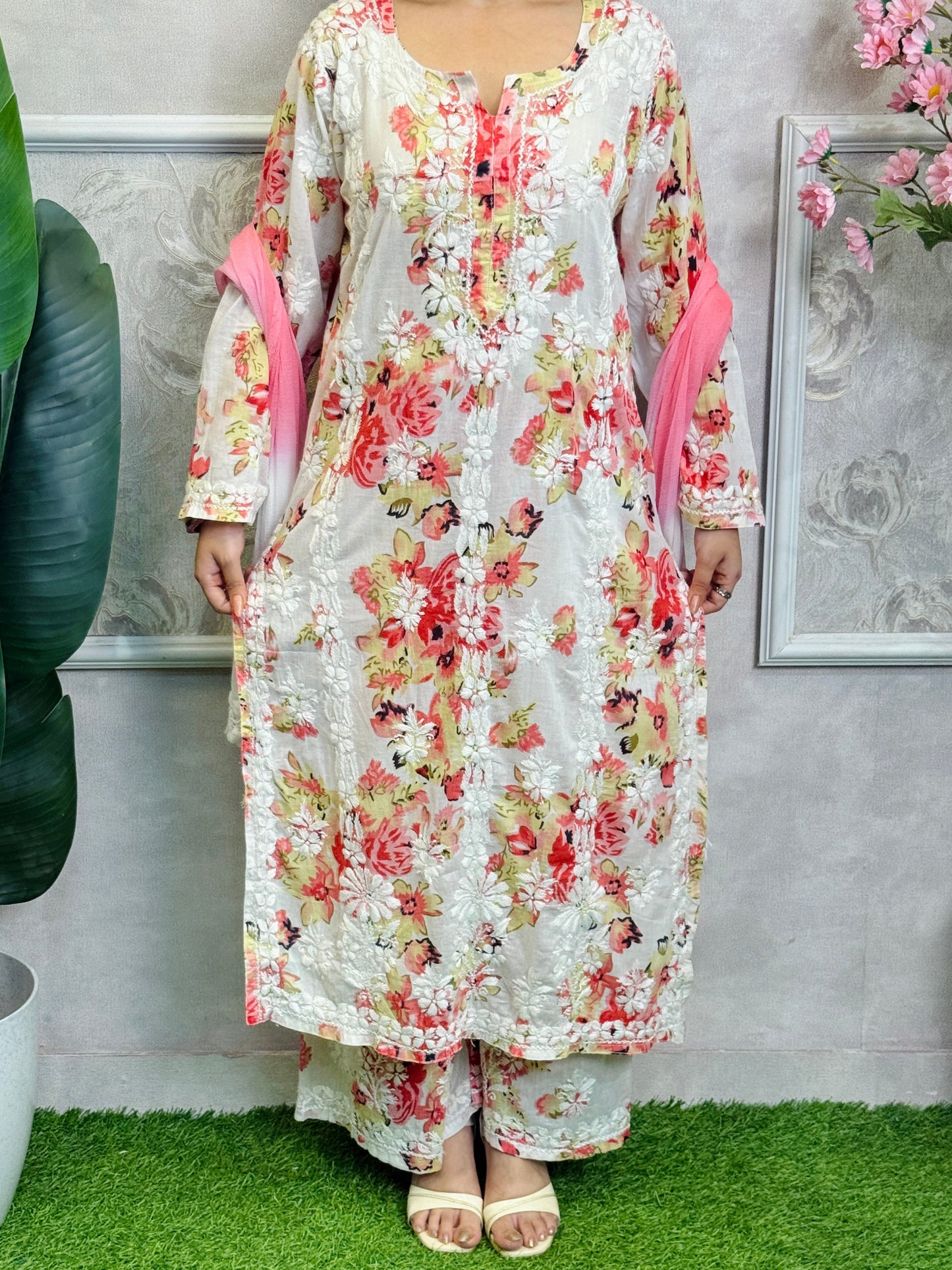 Lucknow Chikankari printed mulmul kurta palazzo set with hand embroidery and chiffon dupatta.