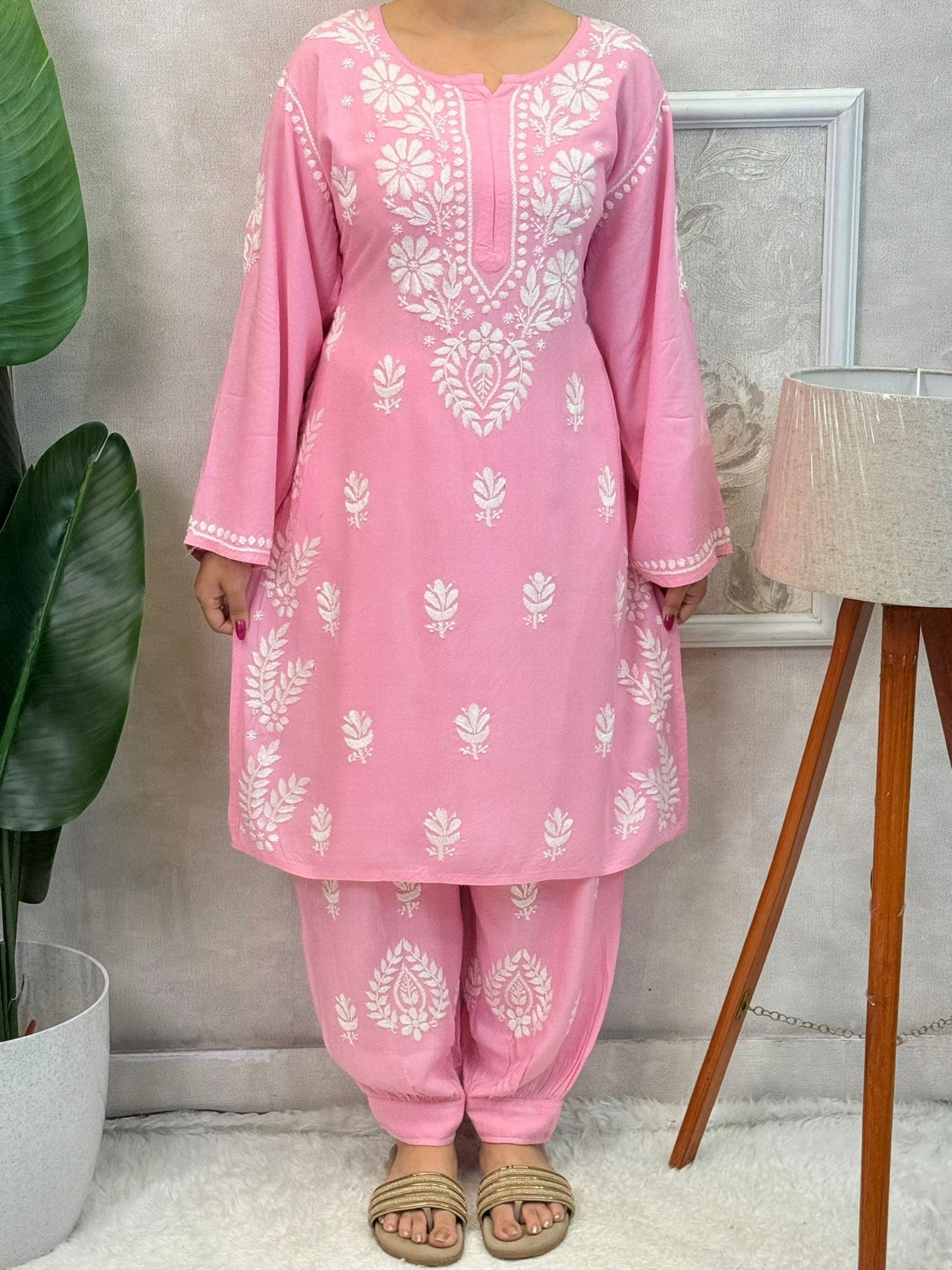 Pink rayon chikankari kurta and Afghani pant set with white hand embroidery – soft and comfortable