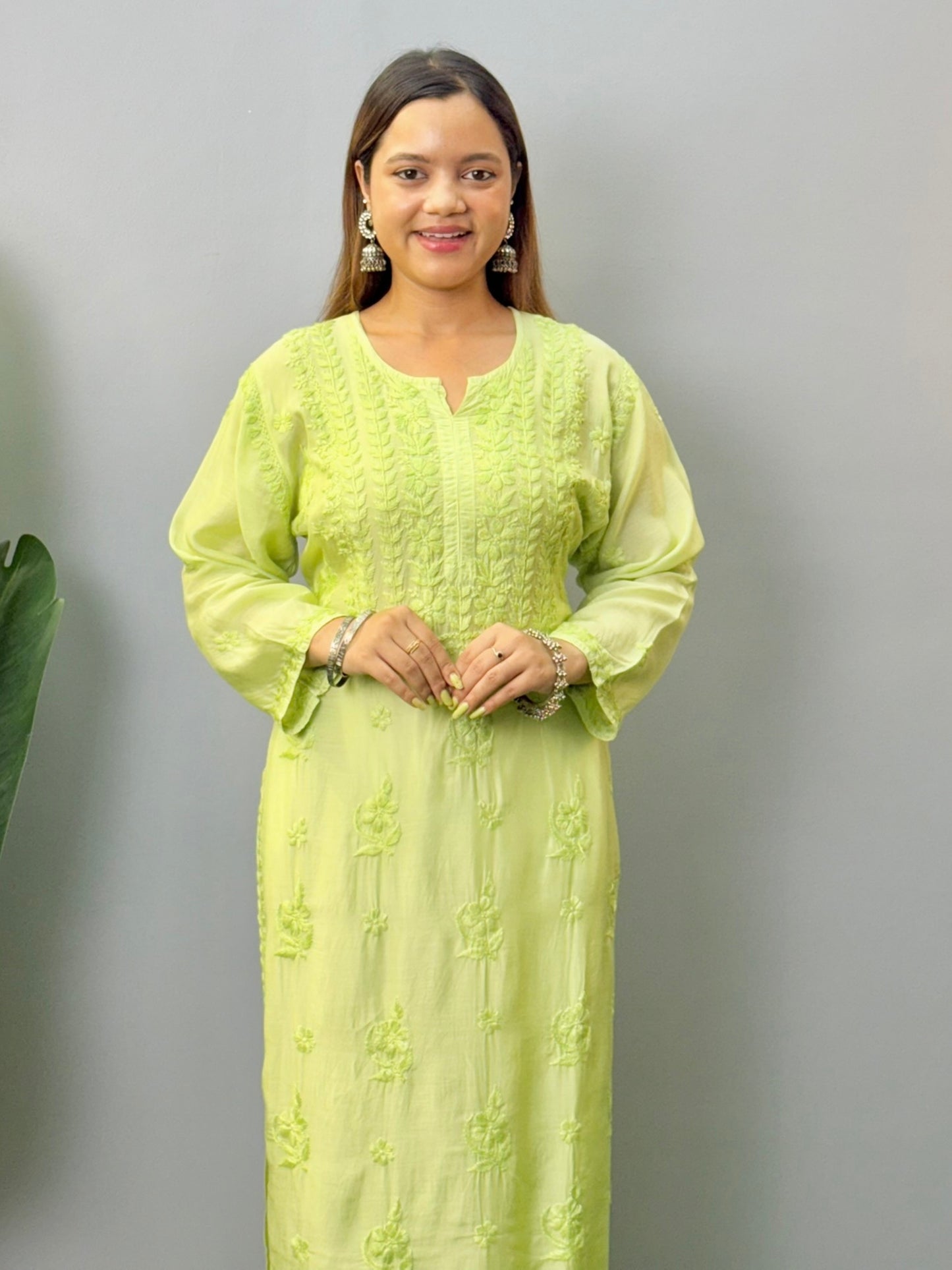 Lime green muslin Lucknow Chikankari kurta with hand embroidery for women