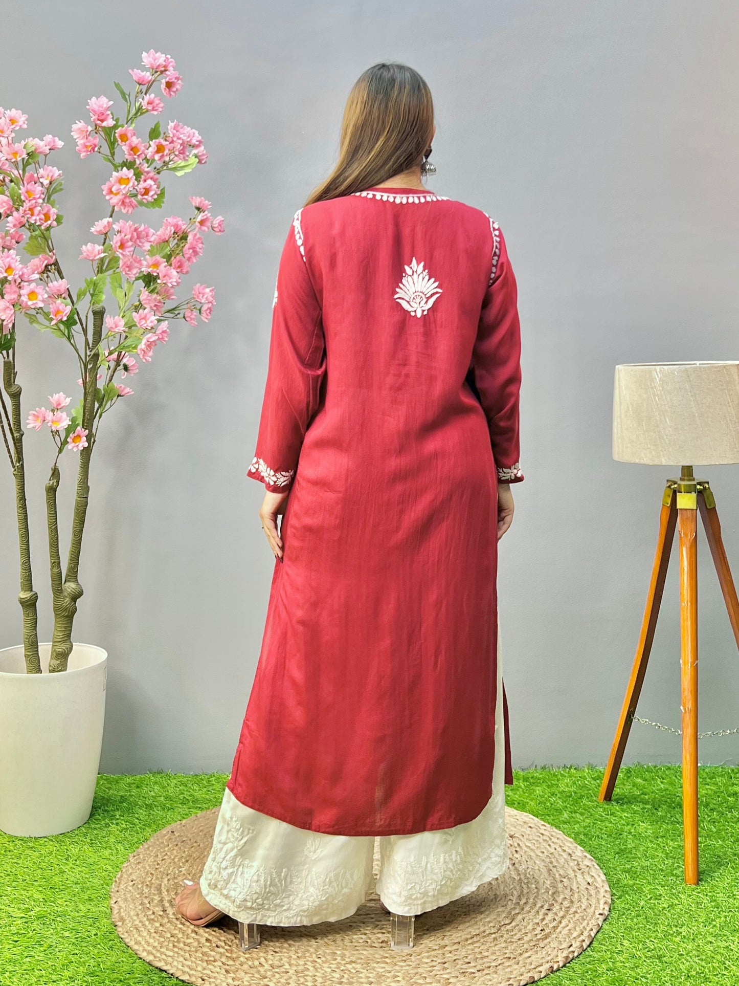 Maroon modal fabric chikankari kurta with white embroidery