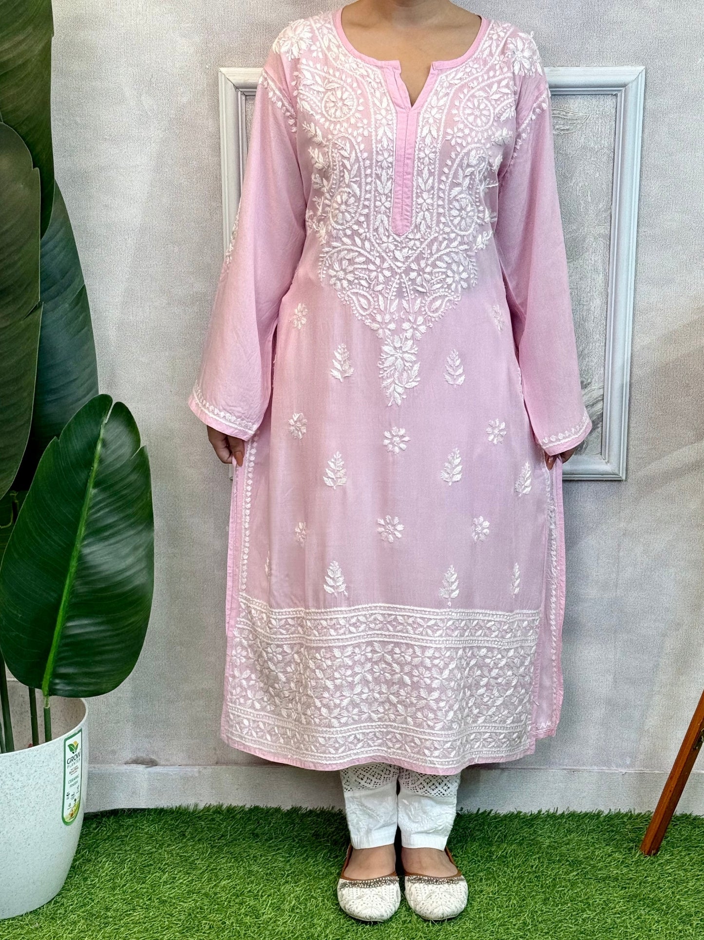 Baby Pink Lucknow Chikankari Modal Kurta with hand embroidery – premium and soft fabric