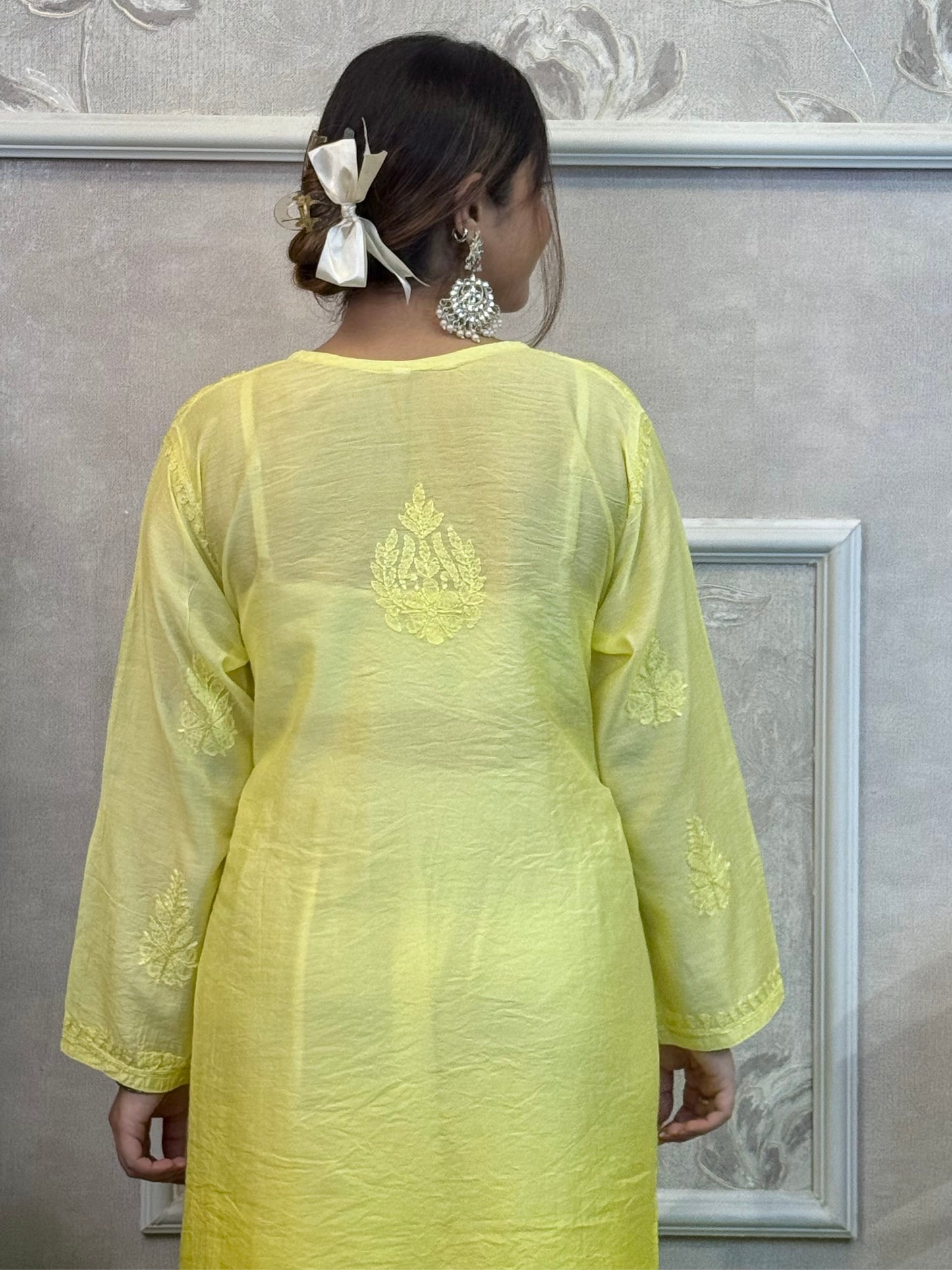 Lucknow Chikankari Yellow Chanderi Kurta – Hand Embroidered Premium Wear