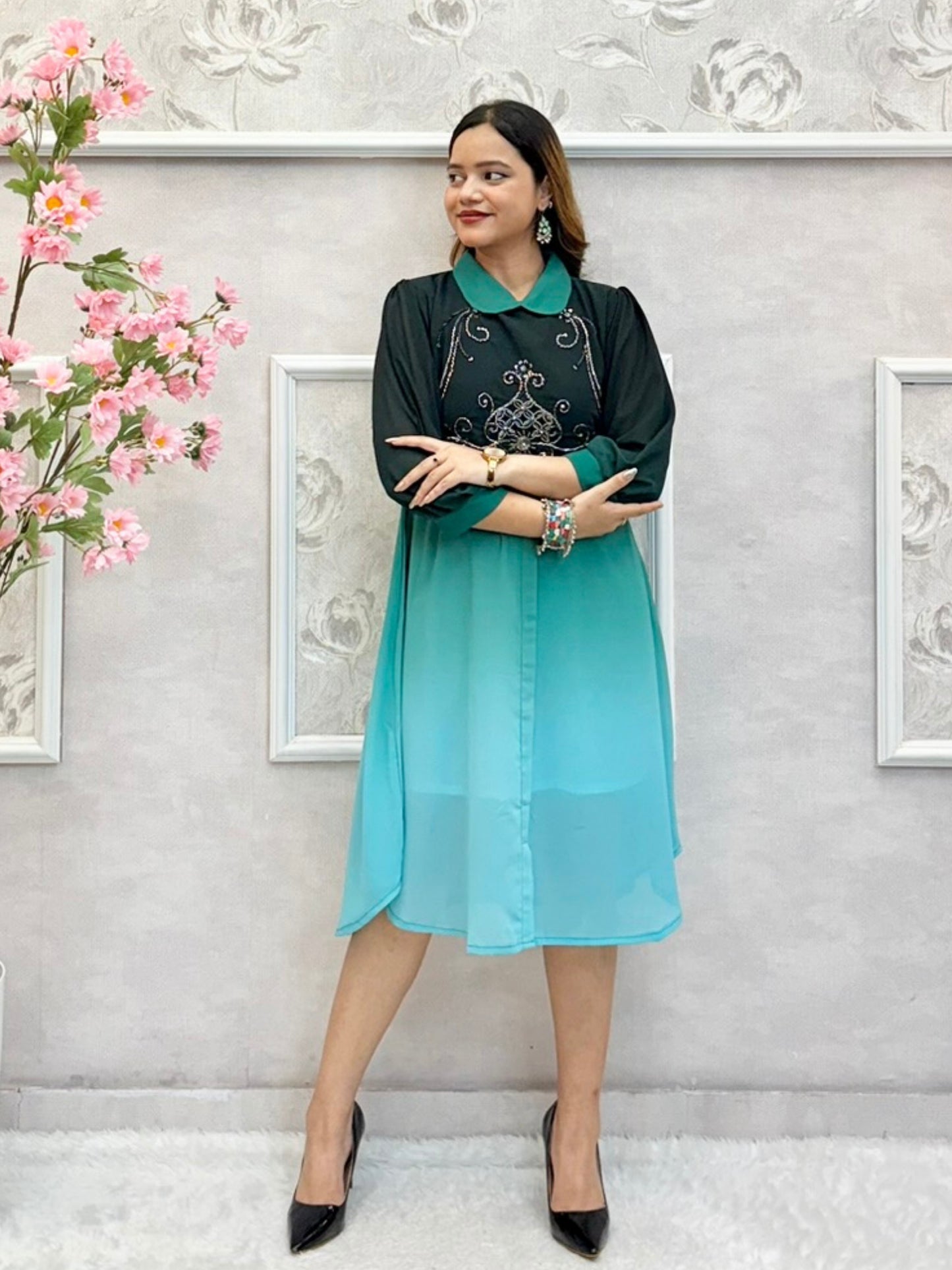 Teal ombre Indo-Western georgette knee-length dress with handwork and collar neck