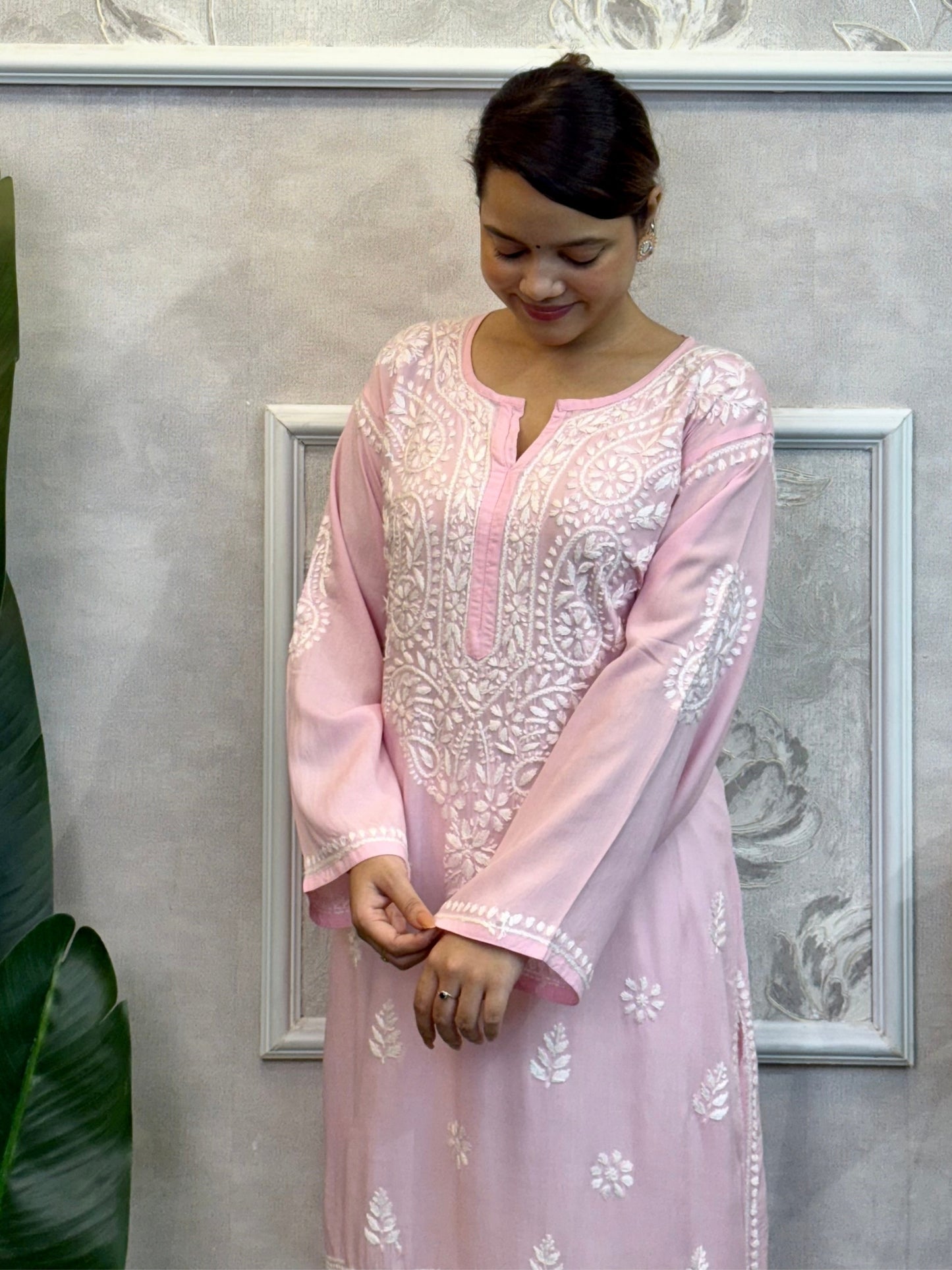 Baby Pink Lucknow Chikankari Modal Kurta with hand embroidery – premium and soft fabric