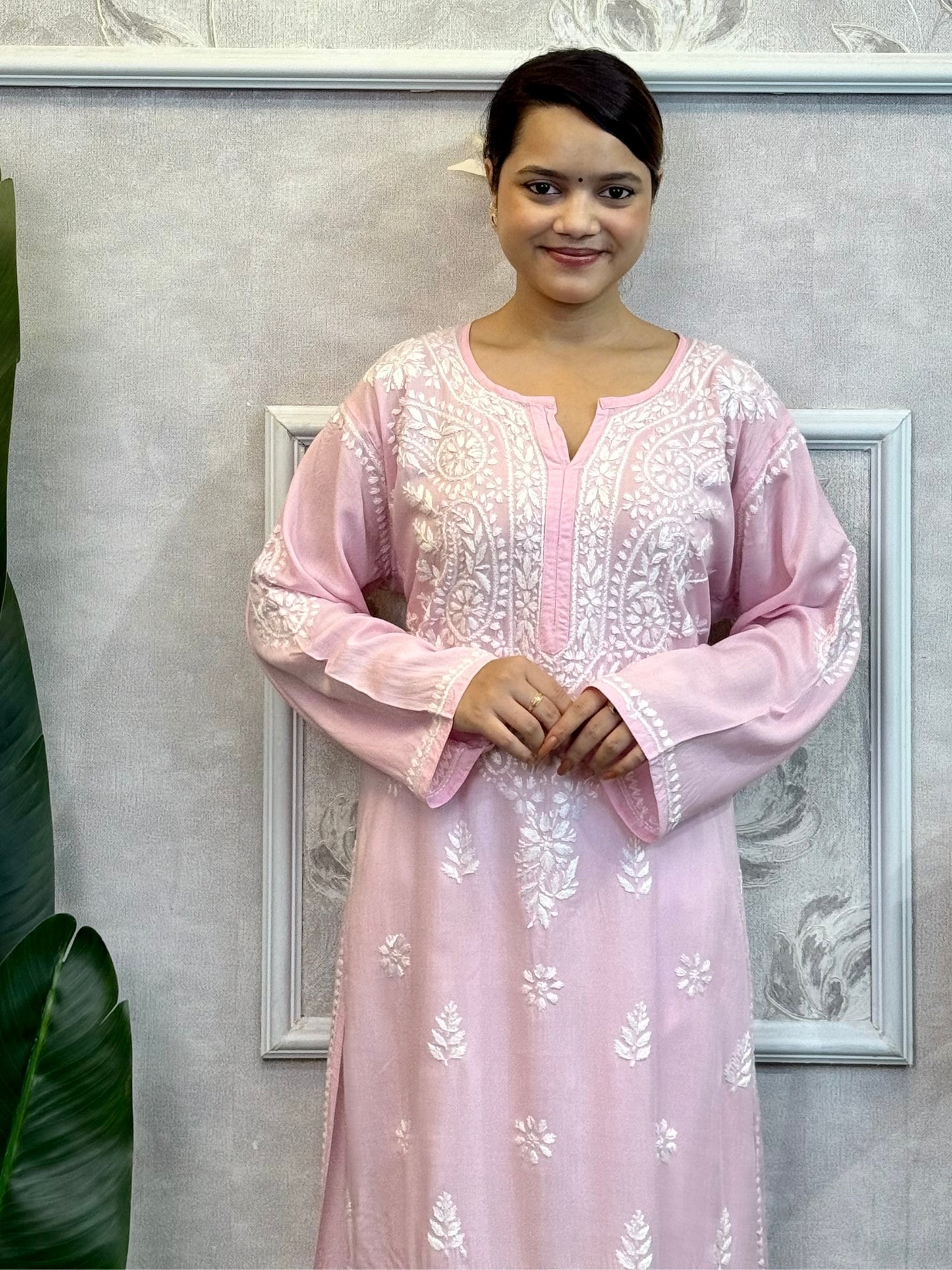 Baby Pink Lucknow Chikankari Modal Kurta with hand embroidery – premium and soft fabric