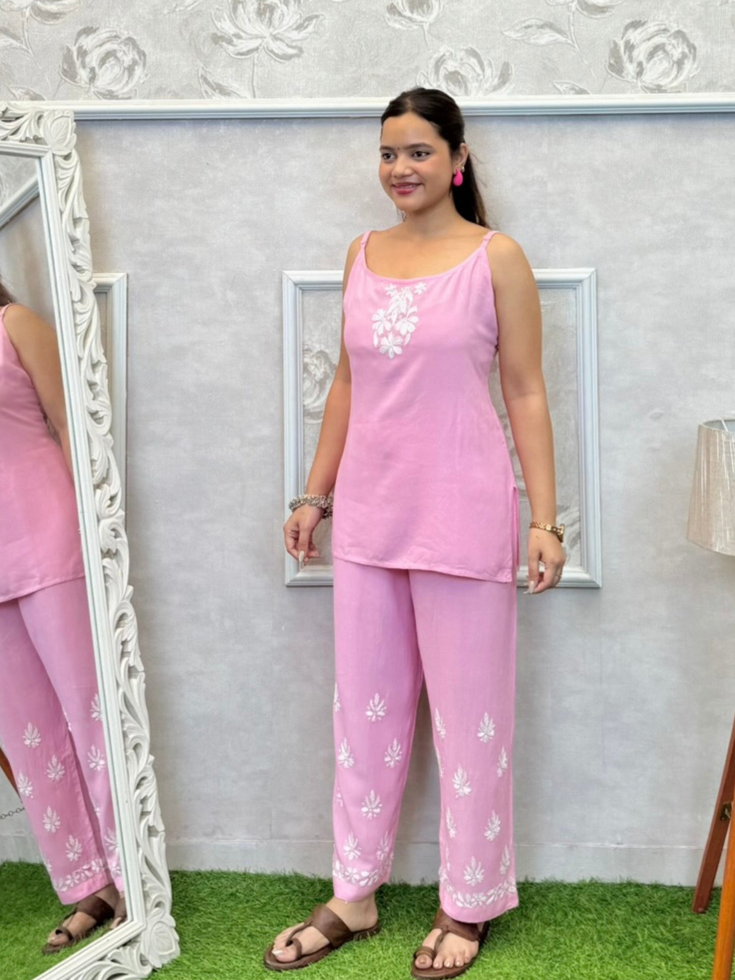Baby pink Lucknowi Chikankari rayon 3-piece set with sleeveless kurta, pants, and embroidered shrug