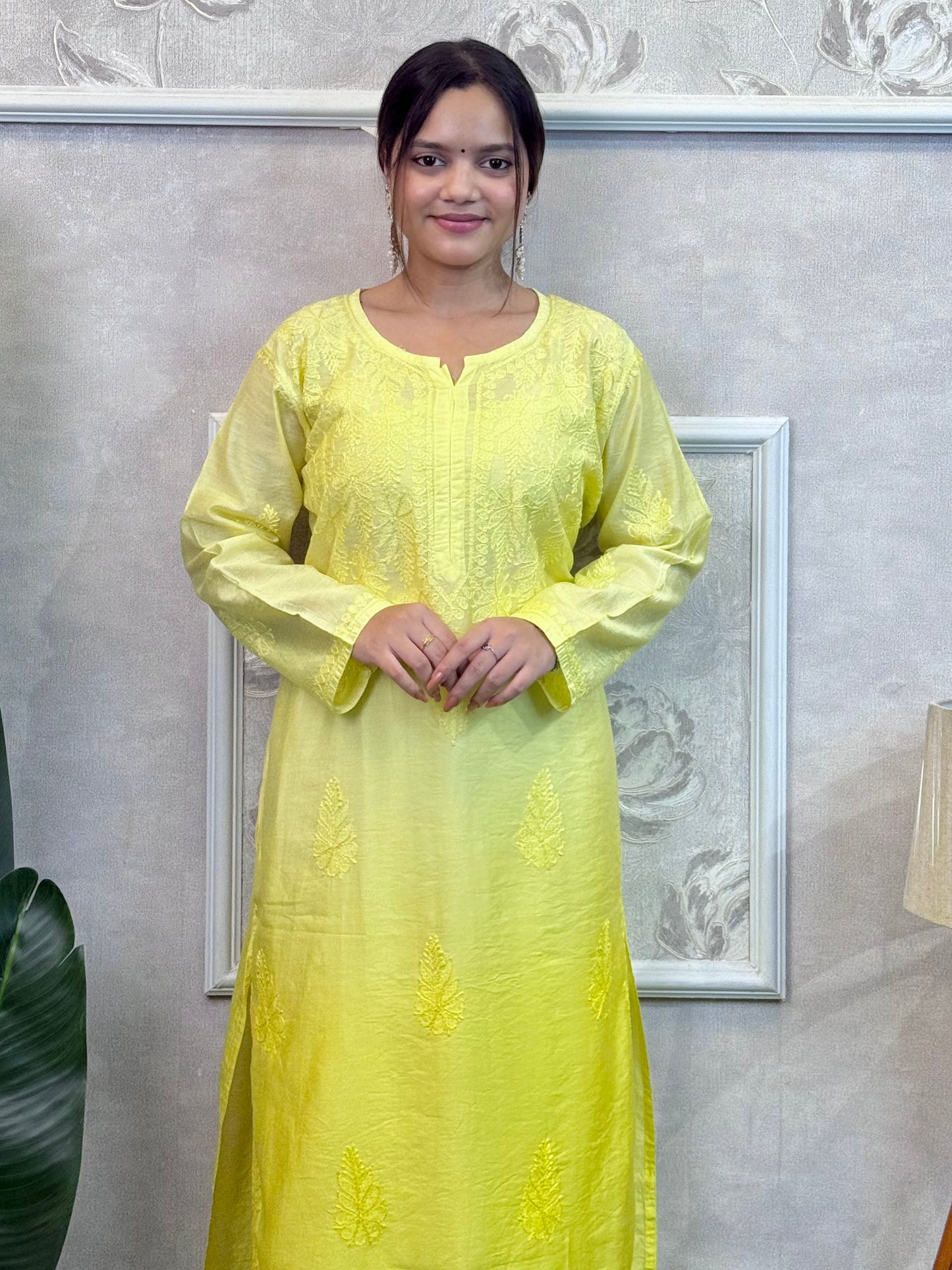 Yellow Lucknow Chikankari Chanderi Kurta with hand embroidery – premium festive wear.