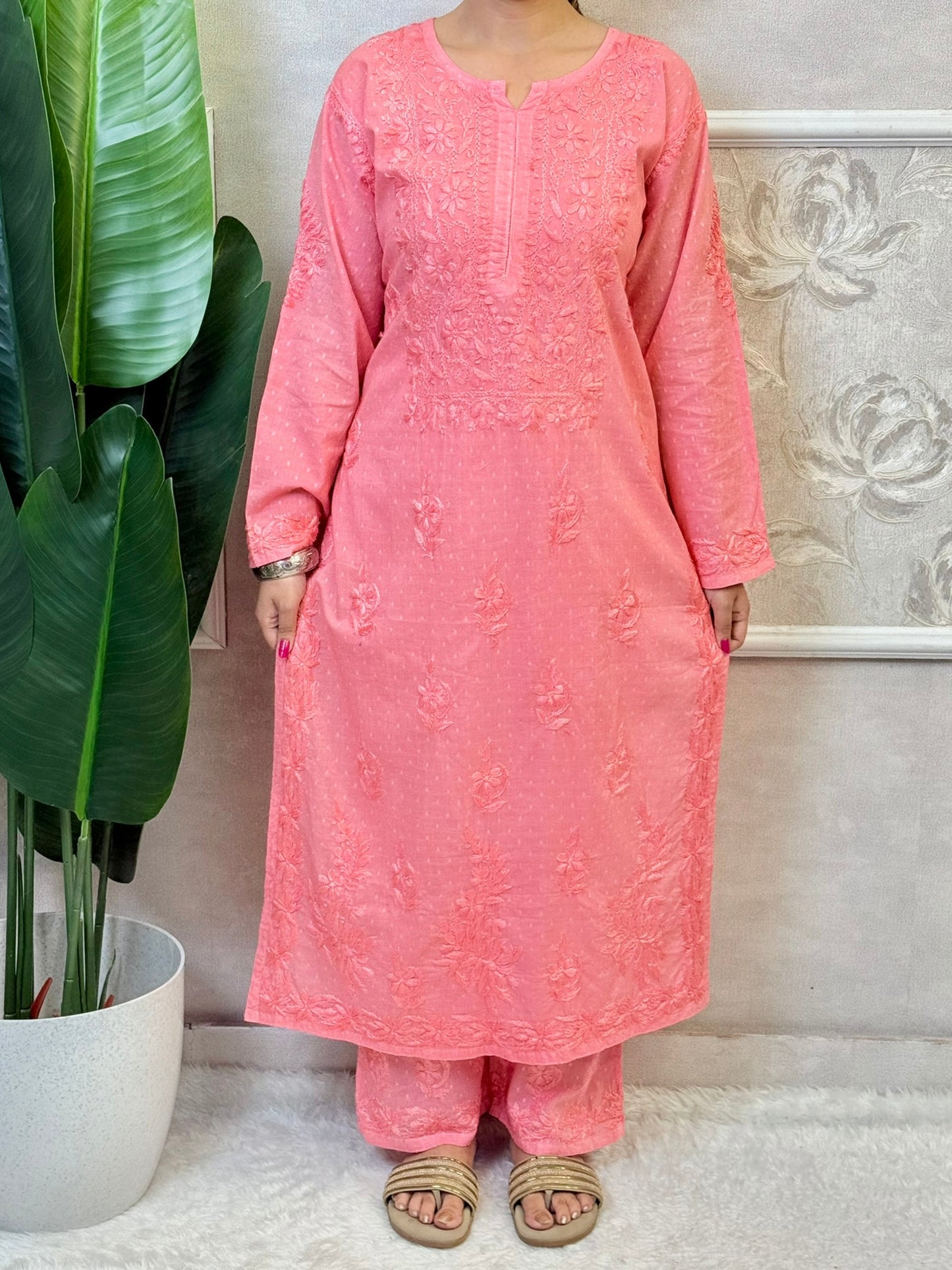 Peach pink dobby cotton Chikankari kurta and palazzo set with hand embroidery – soft and breathable ethnic outfit