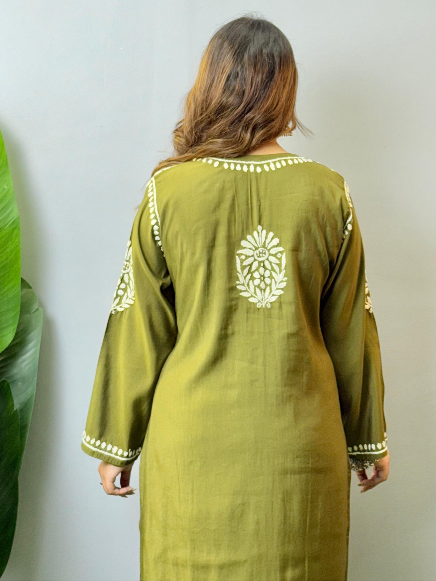 Olive green Roman silk Lucknow Chikankari kurta and pant set with premium hand embroidery