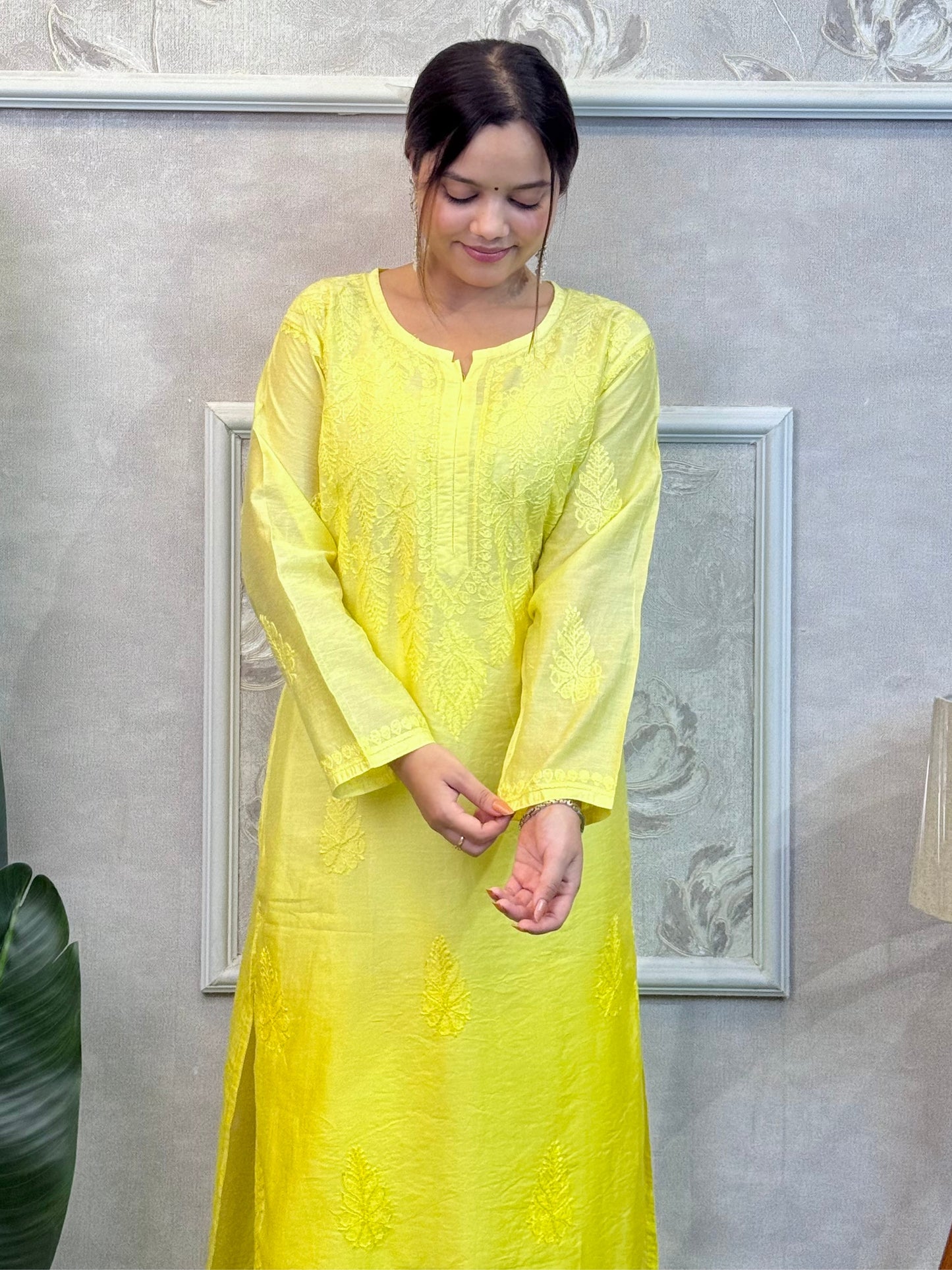 Yellow Lucknow Chikankari Chanderi Kurta with hand embroidery – premium festive wear.