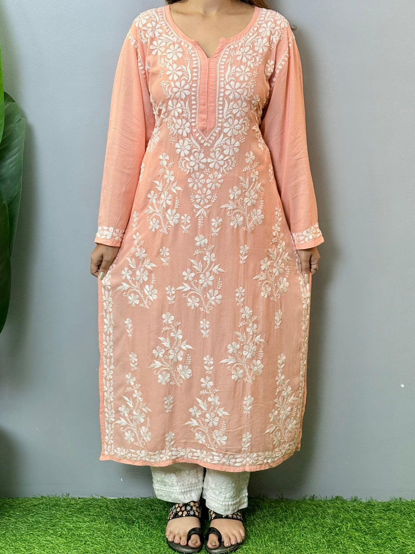 Peach modal Chikankari kurta with intricate white hand embroidery