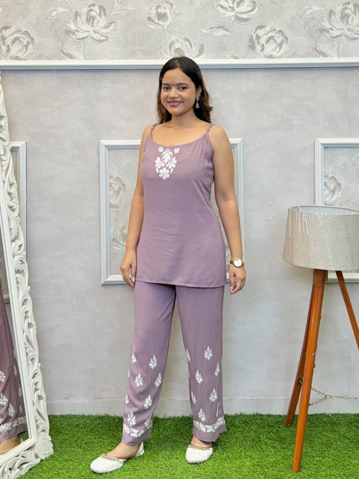 Dusty mauve Lucknowi Chikankari rayon 3-piece co-ord set with sleeveless kurta, pants, and embroidered shrug