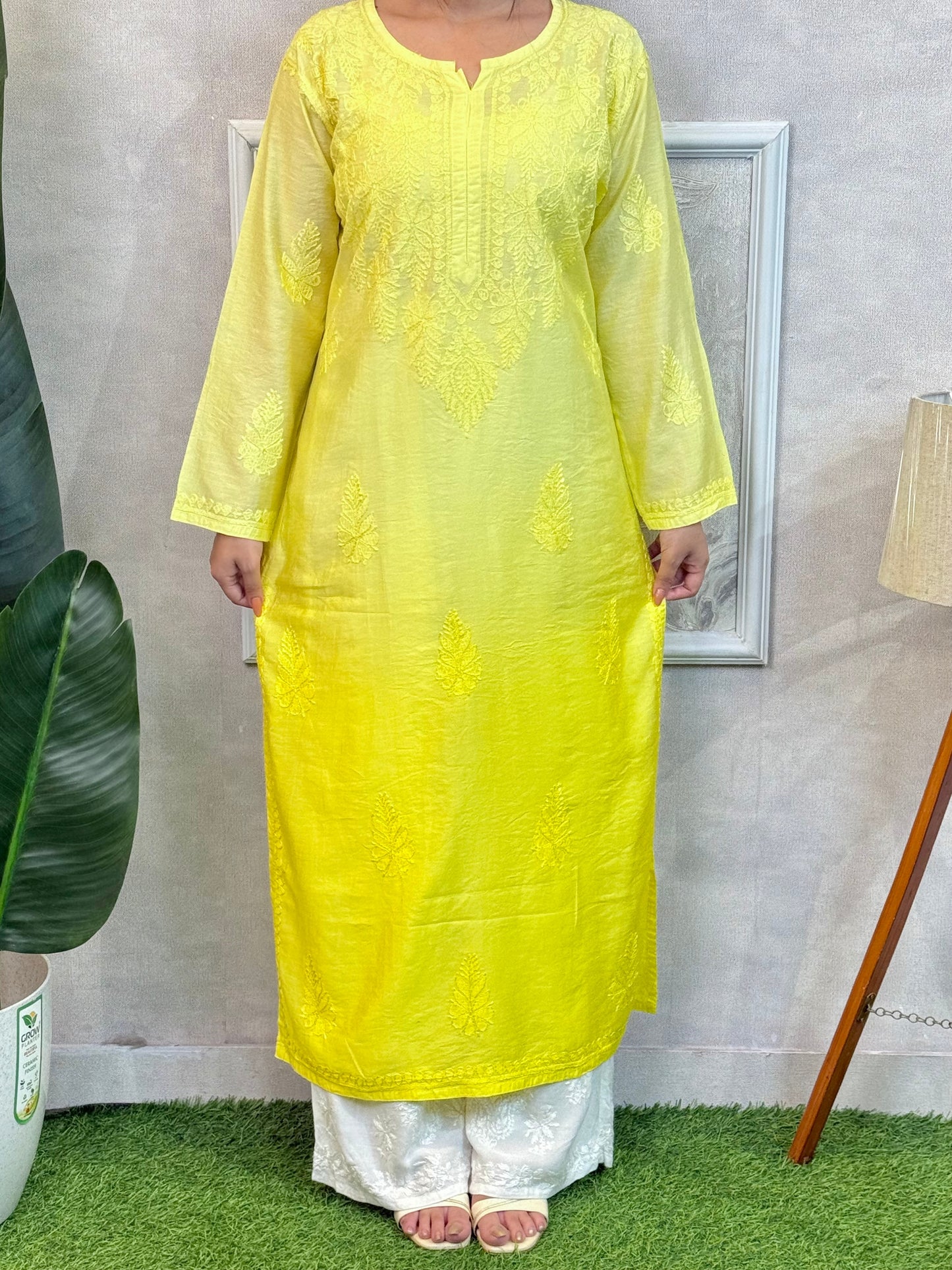 Yellow Lucknow Chikankari Chanderi Kurta with hand embroidery – premium festive wear.