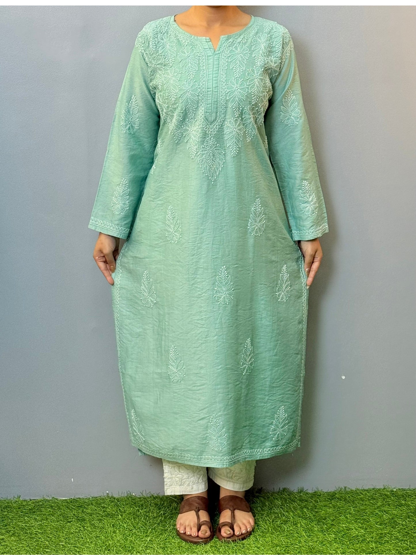 Sea green chanderi chikankari kurta with bakhiya embroidery work