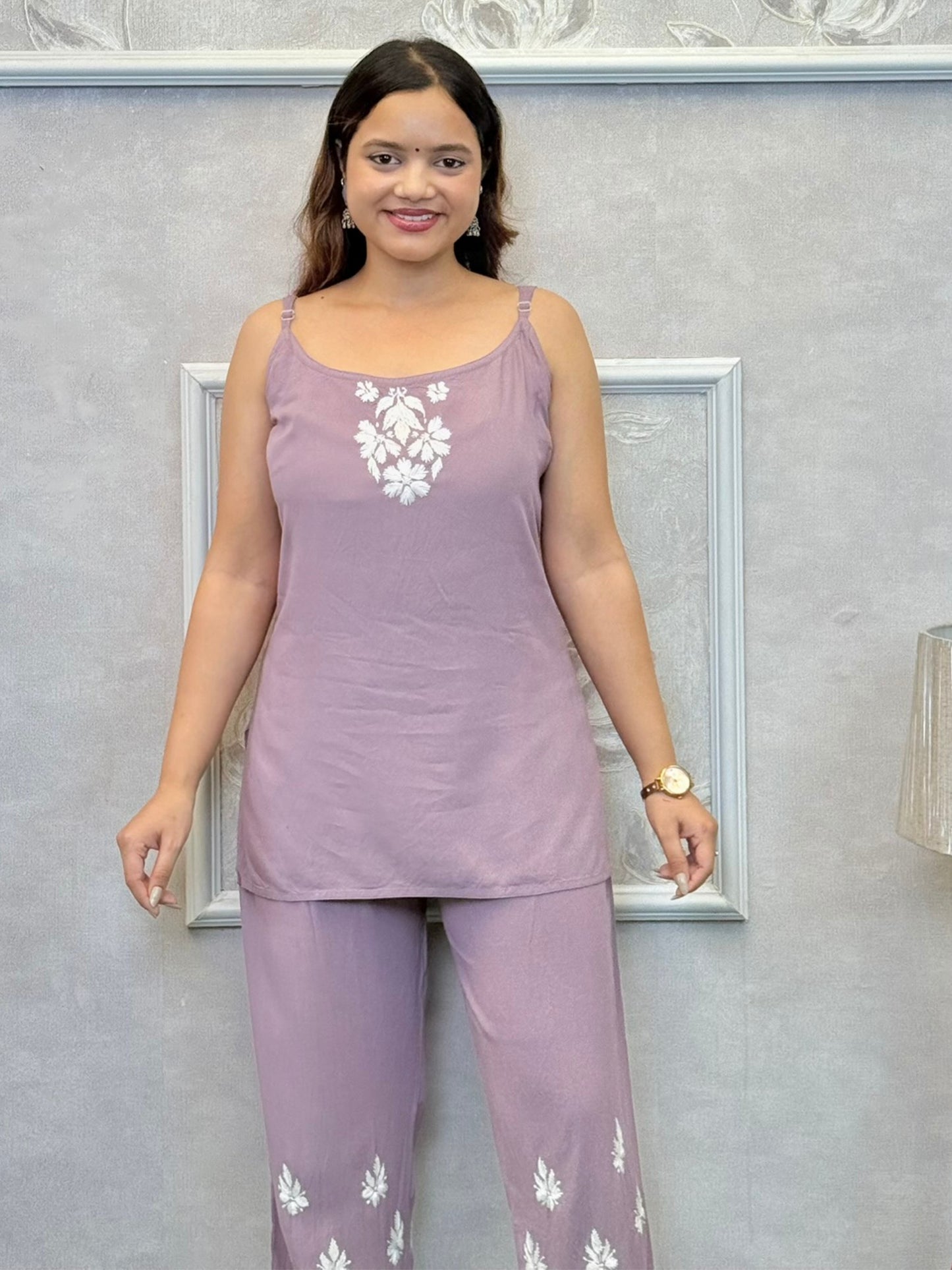 Dusty mauve Lucknowi Chikankari rayon 3-piece co-ord set with sleeveless kurta, pants, and embroidered shrug