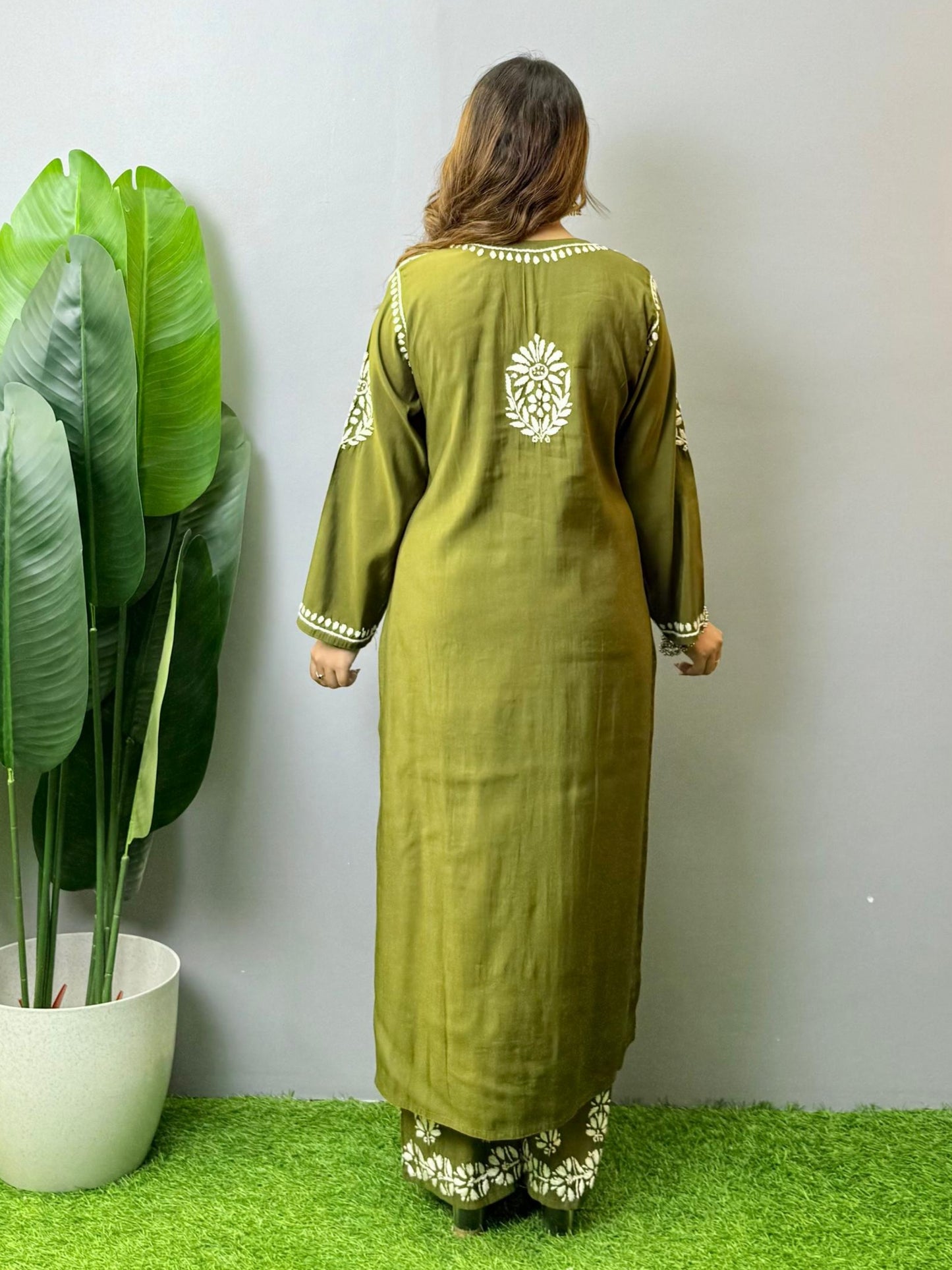 Olive green Roman silk Lucknow Chikankari kurta and pant set with premium hand embroidery