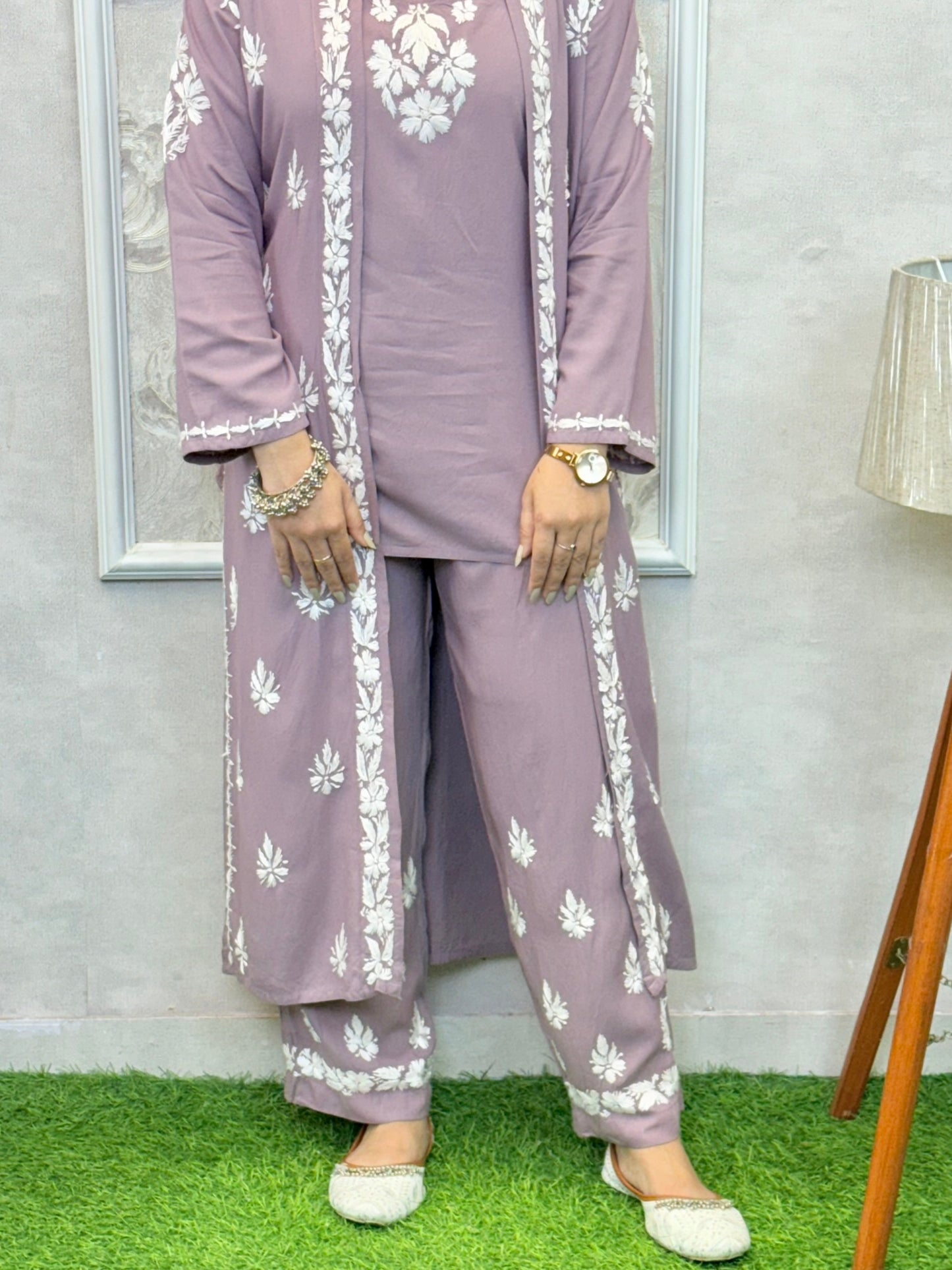 Dusty mauve Lucknowi Chikankari rayon 3-piece co-ord set with sleeveless kurta, pants, and embroidered shrug